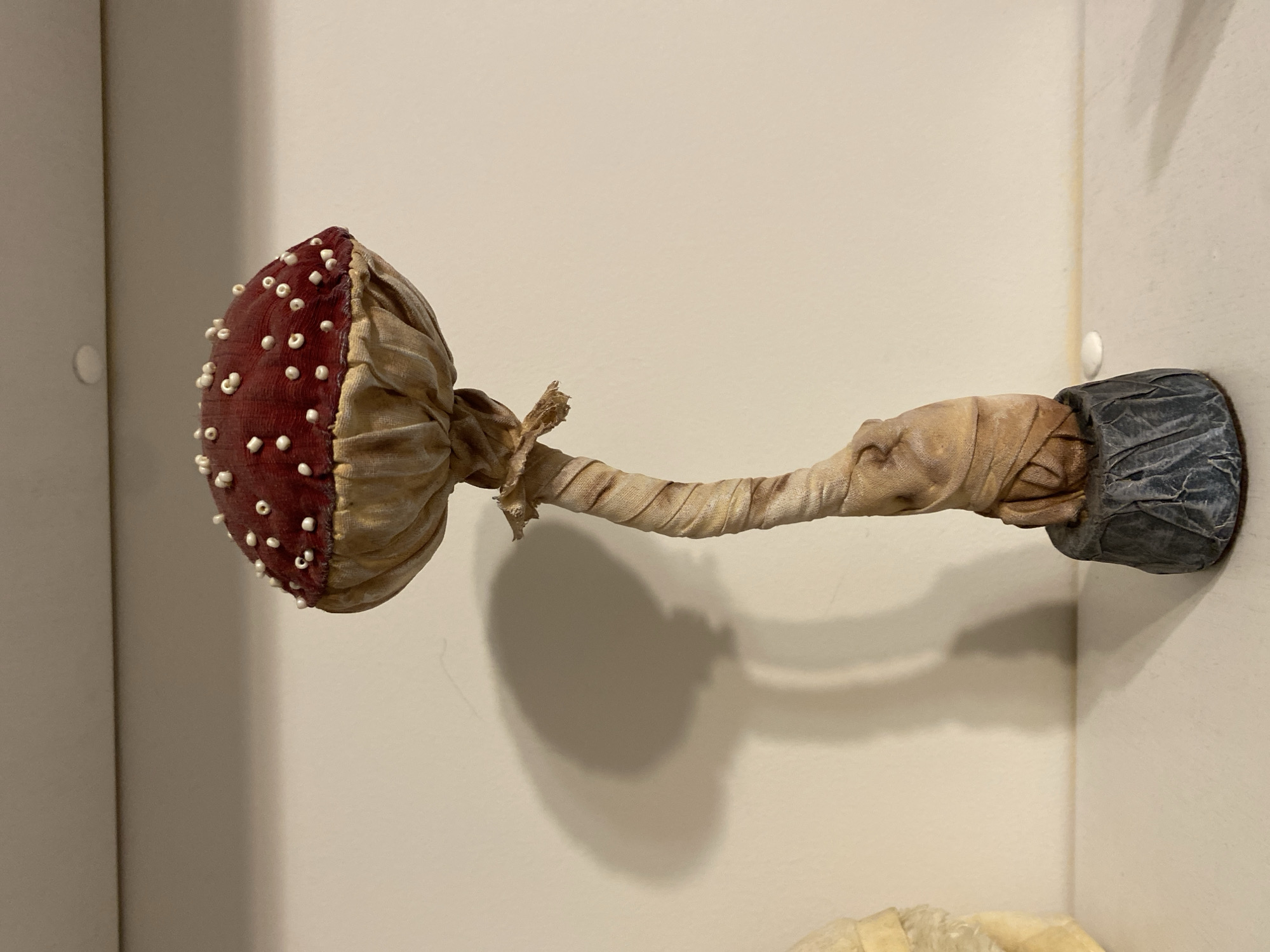 An artistic rendition of a mushroom, resembling a toadstool or Amanita mushroom, is displayed against a neutral background, potentially a display case or gallery wall. The mushroom's cap is red with white spherical dots, giving it a somewhat stylized appearance. The stipe or stem is elongated and appears to be wrapped in a beige-colored material. The base of the stem is affixed to a dark gray, roughly textured cylindrical base. The mushroom appears to be crafted from cloth or textile materials. The setting's location in Sochi, Russia is unknown.