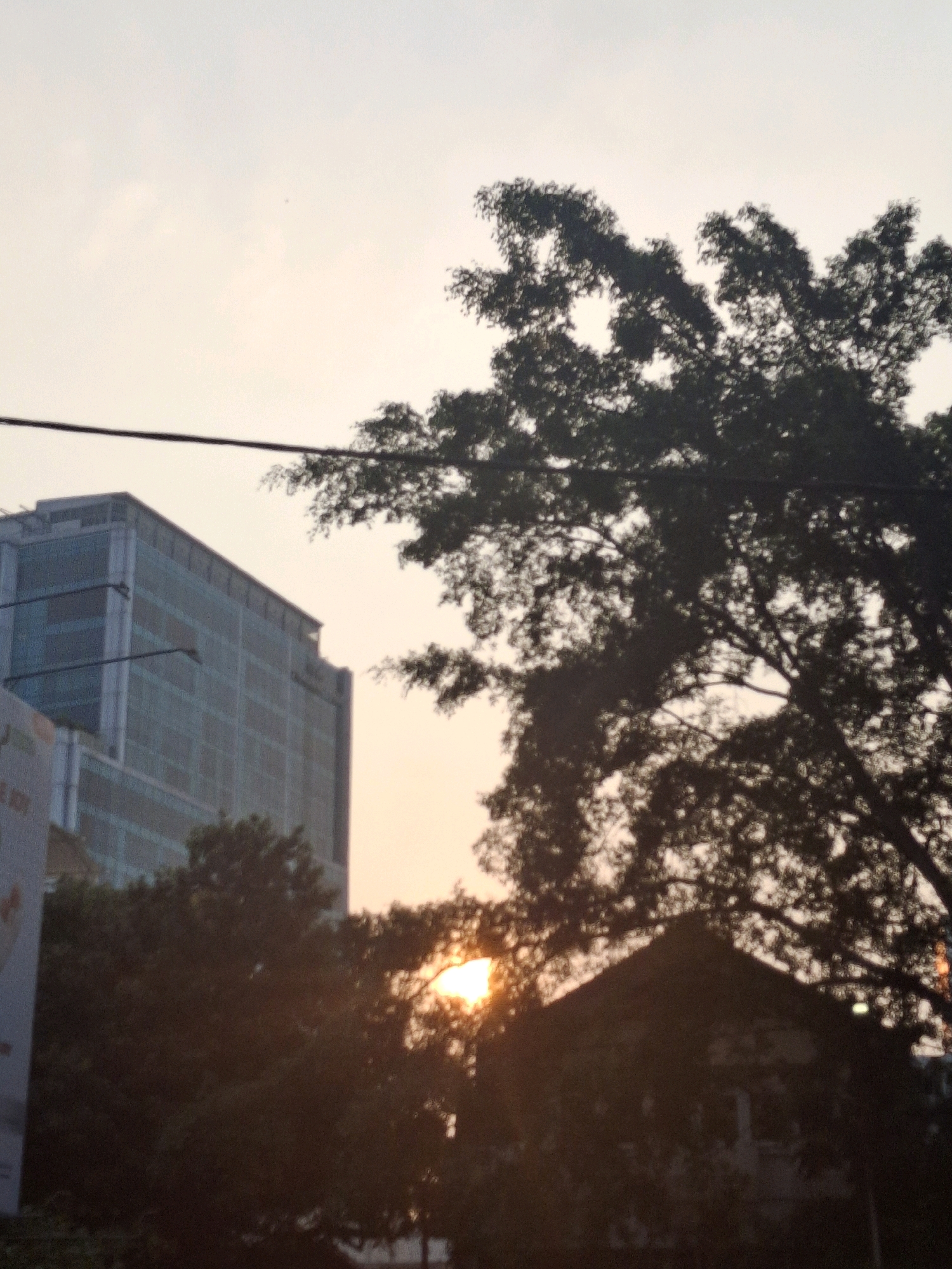 The image shows a hazy sky with a building and trees in the foreground, suggesting an urban environment. The sun is visible, peeking through the branches of a large tree, casting a warm glow. The building appears to be a modern office building with glass windows. The overall atmosphere is serene, possibly indicating a sunset or sunrise. The image does not provide any specific clues that would allow for the identification of the exact location within Bandung City, Indonesia.