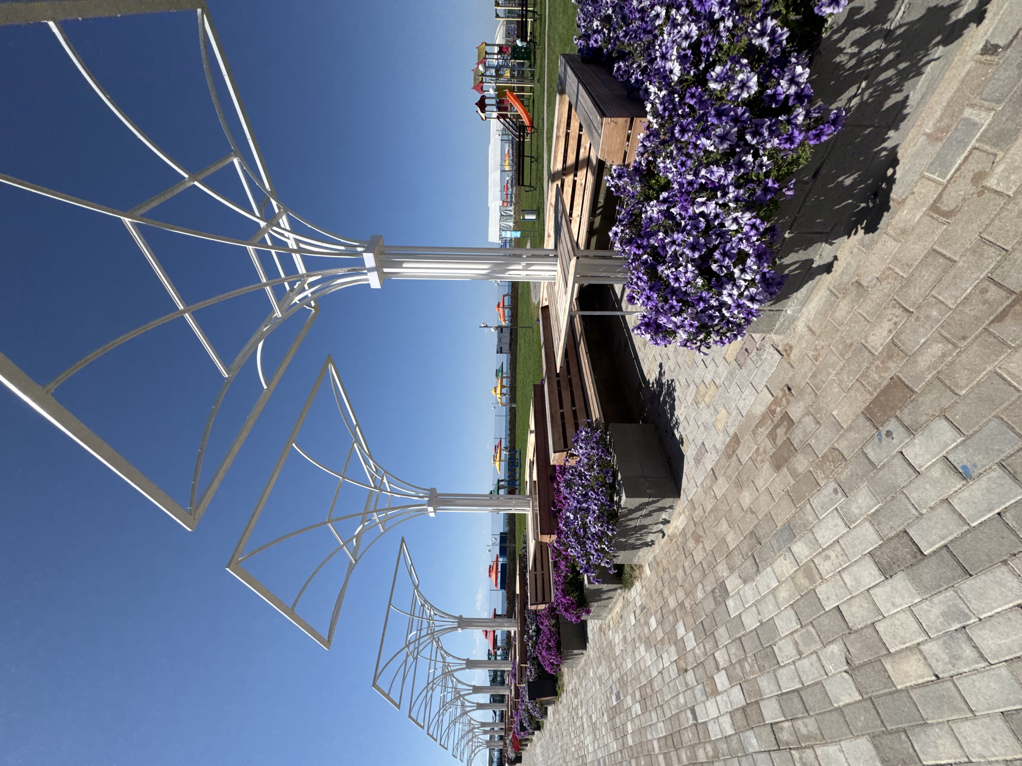 The image depicts a seaside promenade in Sary-Oy, Kyrgyzstan, featuring an outdoor seating area with white, tree-like canopies providing shade. Rows of wooden benches and tables are arranged along a paved walkway, separated by planters overflowing with vibrant purple petunias. Beyond the seating area, a green lawn leads to a playground with colorful slides and swings. In the distance, beach umbrellas and structures suggest proximity to a beach and the Issyk-Kul lake, all under a clear blue sky.