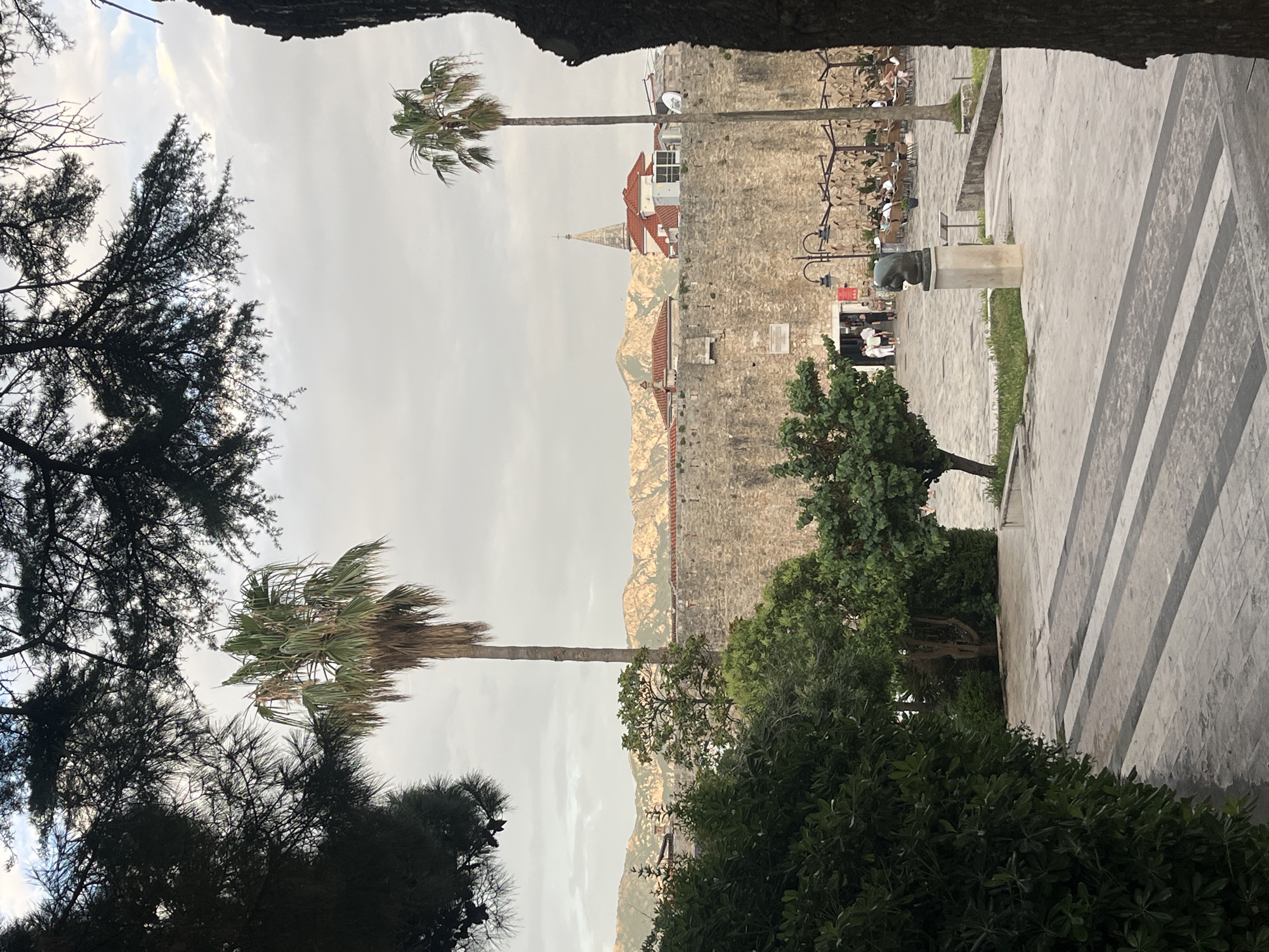The image depicts a view in Budva, Montenegro, partially framed by tree branches at the top and left. Two palm trees stand prominently in the middle ground, with a section of the old town's stone walls and fortifications visible between them. Architectural details, including the spire of a church and red-tiled roofs, can be seen behind the walls. In the right foreground, there's a paved area and greenery, suggesting a park or garden setting. A bronze bust atop a stone plinth is visible. People are seated at tables in the background near the wall. The sky is overcast, creating a muted light.
