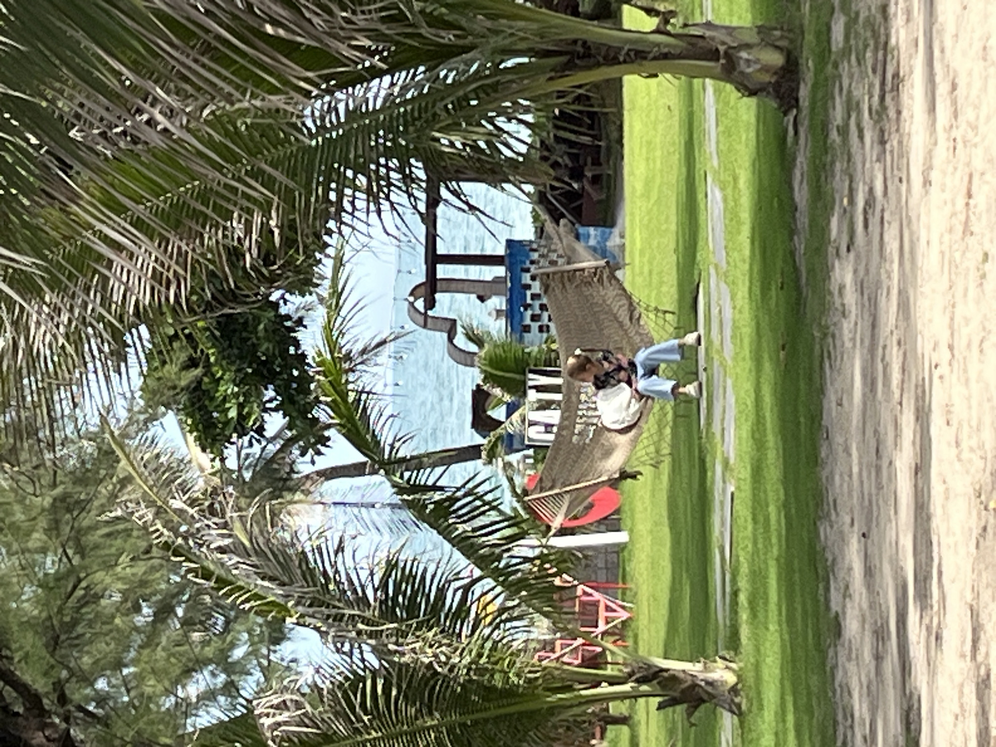 A young person sits in a hammock in a grassy area with palm trees and a body of water in the background. The person is wearing blue jeans, a dark patterned shirt, and white shoes. They are holding a white object in their lap. The hammock is made of netting and is suspended between two points. In the background, there is a blue and white tiled structure with an archway and a sign that says "CATY". The water is calm and reflects the sky. The ground is covered in green grass and there are stone pathways. This location is identified as Phu Thuy Ward, Vietnam.