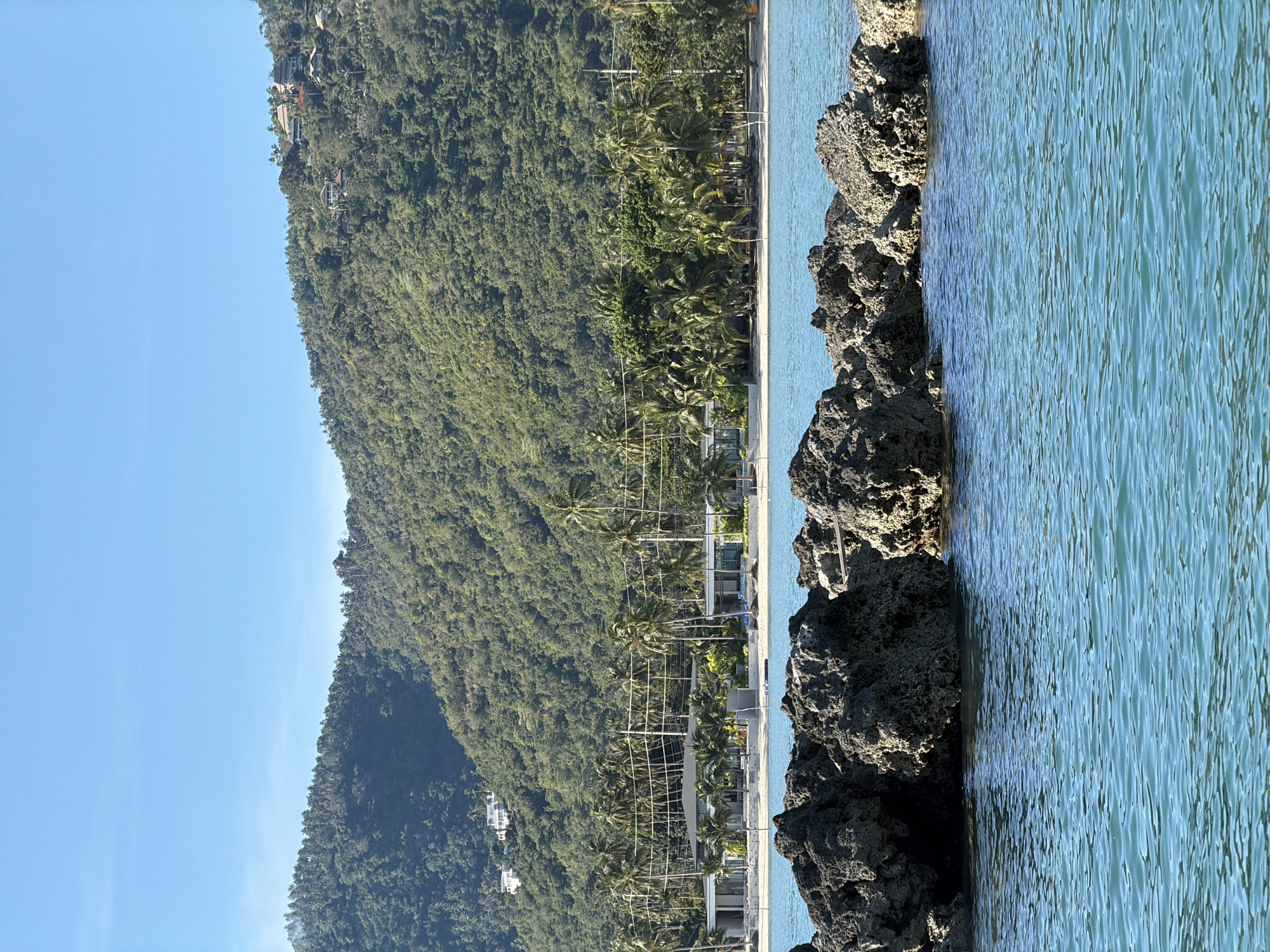 The image depicts a tropical coastal scene in Baan Thong Krut, Thailand, bathed in bright daylight. A rugged, dark volcanic rock formation juts into the foreground from the right, meeting a calm, turquoise ocean that stretches across the mid-ground. The water exhibits gentle ripples, reflecting the clear blue sky.
Beyond the ocean and a narrow sandy beach lies a vibrant green landscape dominated by a densely forested hillside. Numerous palm trees are interspersed with the vegetation, indicating a tropical climate. Several modern buildings, likely resorts or residences, are visible nestled within the foliage on the hillside and along the beachfront. These structures feature white walls and contemporary architectural designs. Utility poles and lines are also present, suggesting infrastructure development along the coast. The overall atmosphere is serene and picturesque, characteristic of a holiday destination. The image is oriented vertically, with the sky occupying the upper left portion of the frame. No people or specific activities are explicitly visible, but the setting suggests a leisurely environment.