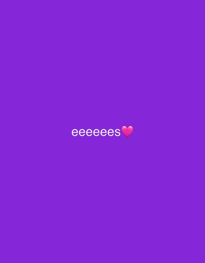 The image is a solid purple background with the word "eeeeees" written in white, followed by a pink heart emoji, positioned in the center of the frame.