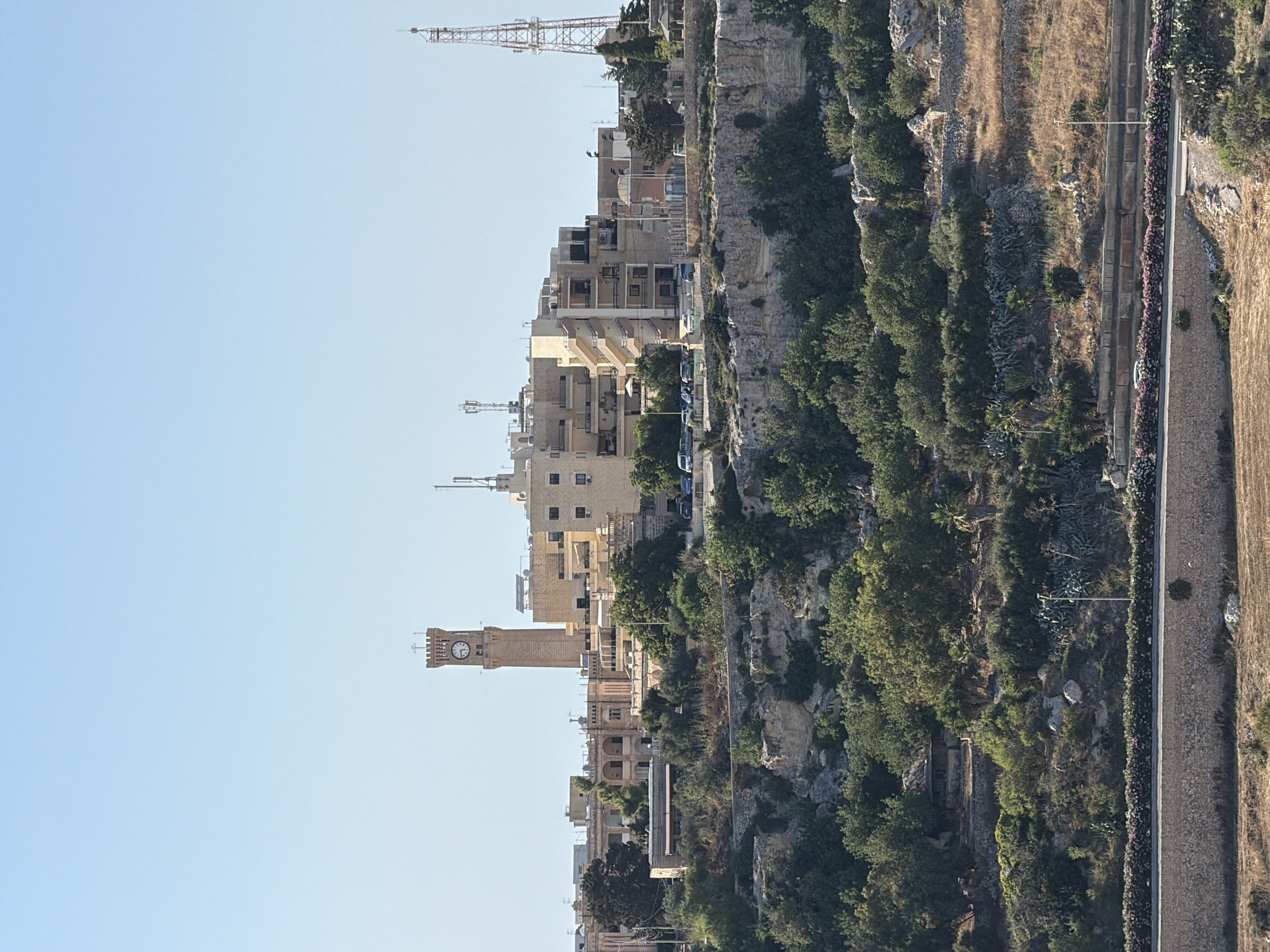 The image shows a view of the city of Mdina, Malta. A tall, stone clock tower is visible in the center of the frame, adorned with a clock face. Surrounding the tower are several multi-story buildings constructed of light-colored stone, featuring numerous windows and balconies. Some of the buildings appear to be residential or commercial structures. A large transmission tower with an intricate lattice structure stands to the right of the buildings. The foreground of the image is dominated by a steep, rocky hillside covered in dense green vegetation, including trees and shrubs. A stone wall and a road lined with flowering plants are visible at the base of the hill. The sky above is clear and bright blue.