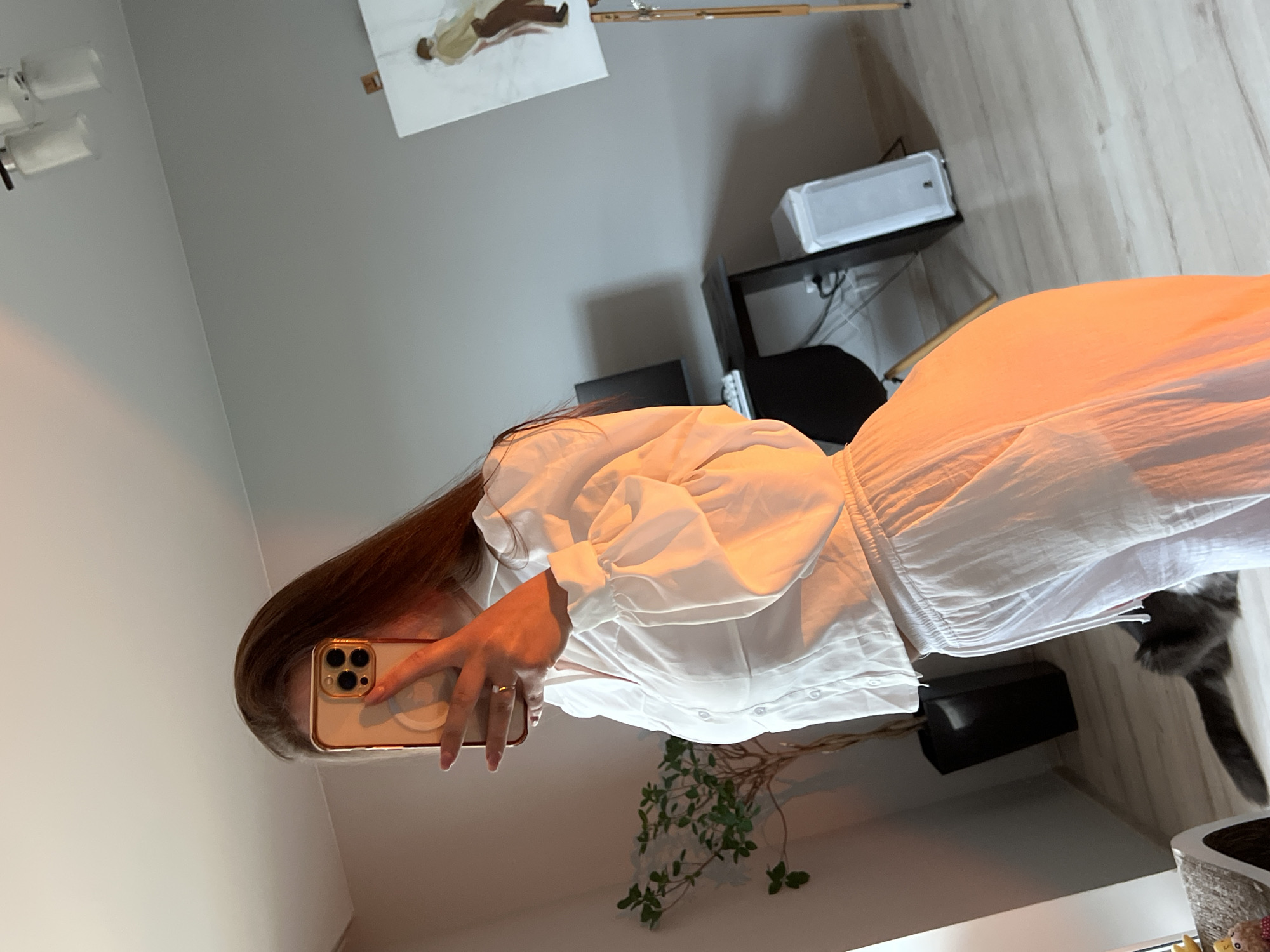 The image depicts a mirror selfie taken by a person, likely female, in an indoor setting. The individual is visible from the chest down, wearing a crisp white collared shirt with voluminous puffed sleeves and white pants or a skirt. Long brown hair flows past their shoulder, and a golden ring adorns one of the fingers holding a light-colored smartphone. The phone, equipped with a triple camera system and a visible case, reflects the scene.
The background reveals a room with light grey walls and a light-toned wooden floor. A multi-shade ceiling light fixture is visible in the top left. In the upper background, a painting on an easel displays two abstract figures. Below this, a black table or shelf holds electronic equipment, including a white rectangular box. A green leafy plant is situated near the bottom center. A dark grey or black cat is partially seen in the bottom right, behind the person's white clothing, with its tail clearly visible.
The lighting creates a soft, warm glow on the person's white attire. The scene suggests a casual moment within a home or apartment in Ternopil, Ukraine. No specific time of day, weather conditions, or emotions are explicitly conveyed. There is no visible text in the media file.