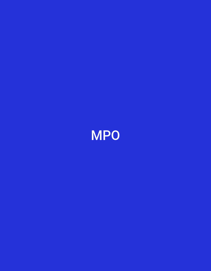 The image displays a uniform royal blue background with the white, capitalized, sans-serif letters "MPO" centrally positioned. No people, discernible objects (beyond the text), or environmental details typically associated with a city are visible. The scene is a minimalist textual graphic, presented in the context of Casablanca, Morocco.