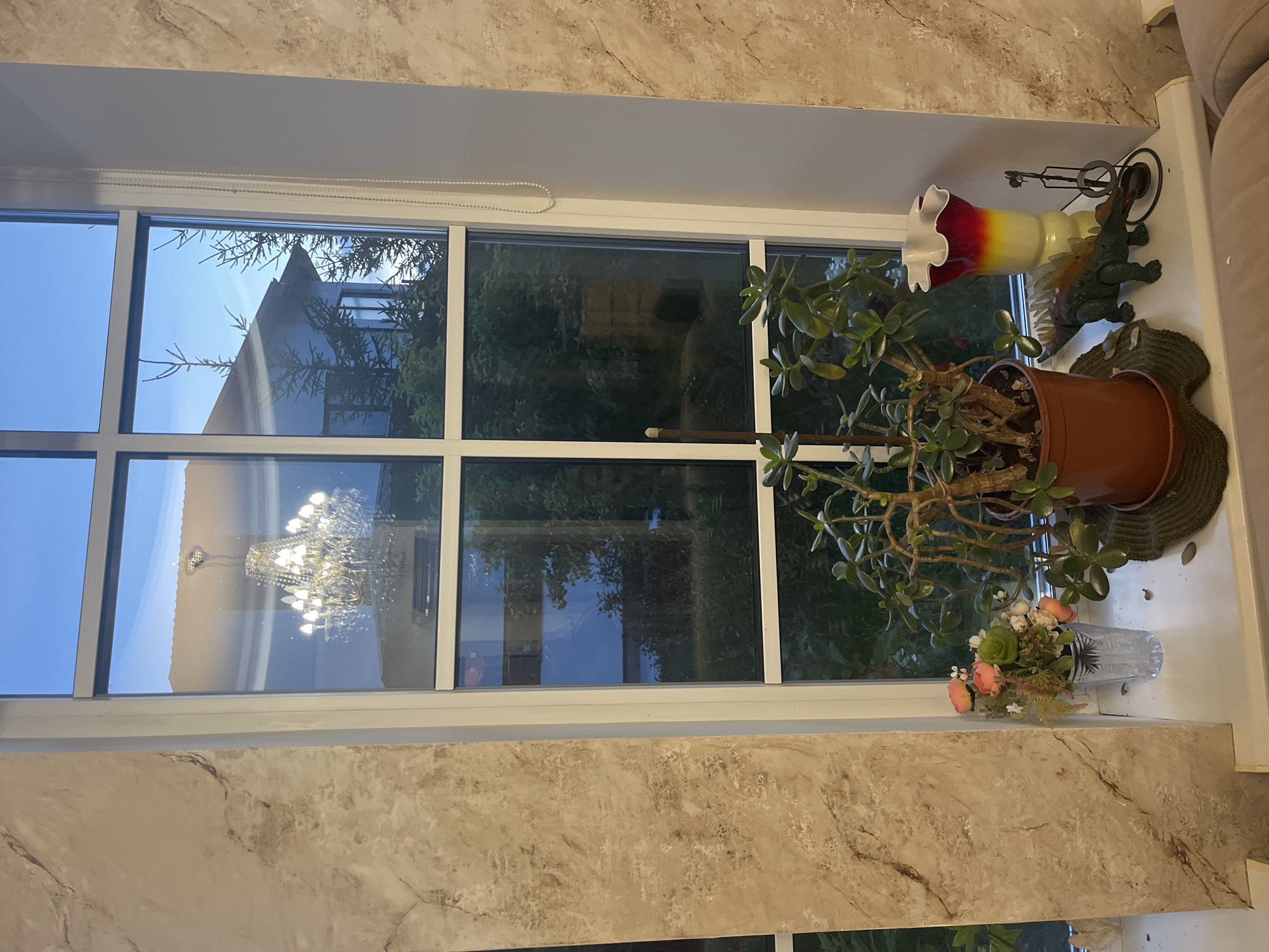 The image shows a window with a view of the sky and trees outside. Inside, on the windowsill, there are several objects including a potted plant, a vase of flowers, a toy dinosaur, and a decorative vase. The window frame is white, and the wall on the left has a marble-like texture. The chandelier is reflected in the window. This scene is located in Vladimirovka, Russia.