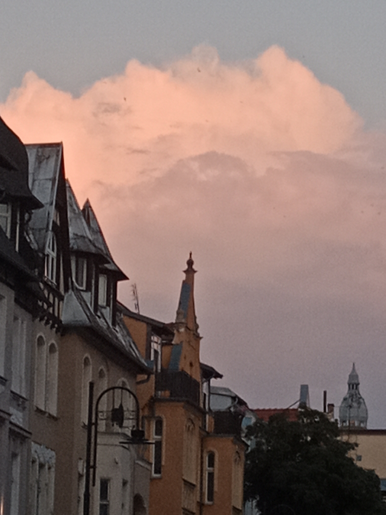 A slightly blurred, low-angle medium shot captures a row of European-style buildings against a sunset sky. The buildings, featuring various architectural details such as dormer windows with dark trim and steeply pitched roofs, are illuminated by the warm hues of the fading light. A streetlamp with an ornate curved arm and two dark, bell-shaped fixtures is visible in the foreground, mounted on a dark pole. The sky is dominated by large, soft clouds, tinged with pink and orange from the sunset, contrasting with a paler, grayish-blue at the top. In the distance, the spire of a light-blue domed building, likely a church or clock tower, is partially visible above the trees. The overall scene evokes a serene, twilight atmosphere in an urban setting.