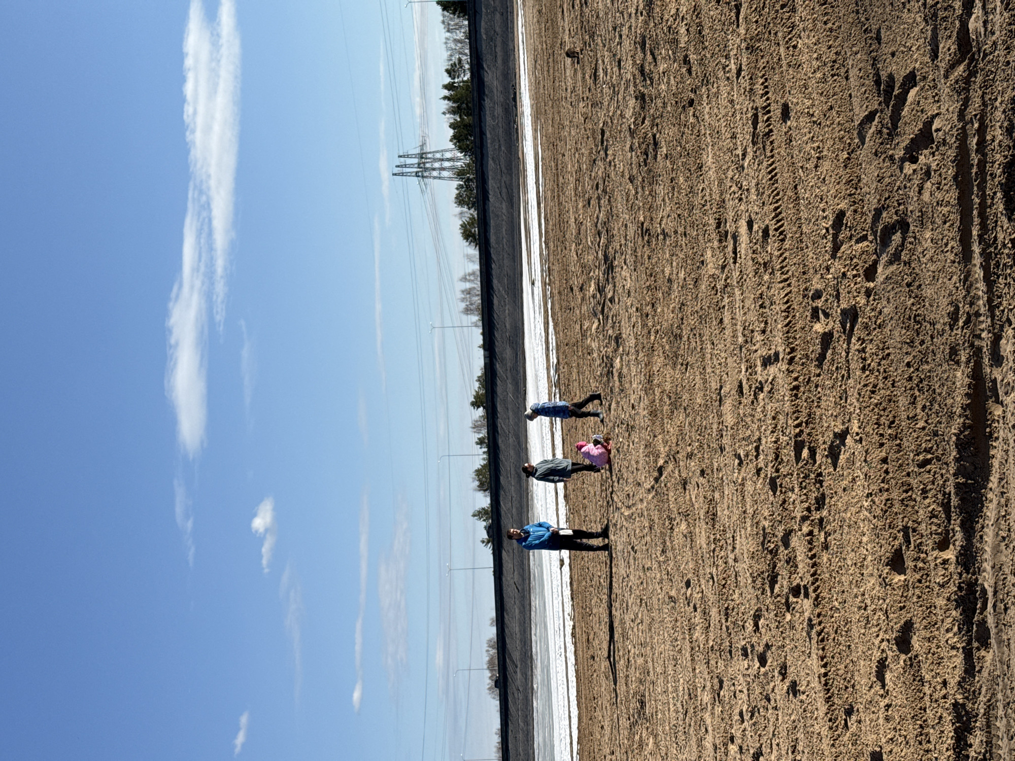 The image shows a landscape with a clear blue sky and scattered clouds. In the distance are power lines supported by towers and a line of trees. Adjacent to the trees is a dark barrier or structure.
In the foreground, there is a barren, sandy area with visible footprints and tire tracks. Three people are positioned in the middle ground. The individual closest to the viewer is wearing a blue jacket and dark pants. Two other figures are further away. The location is Noviy, Russia.