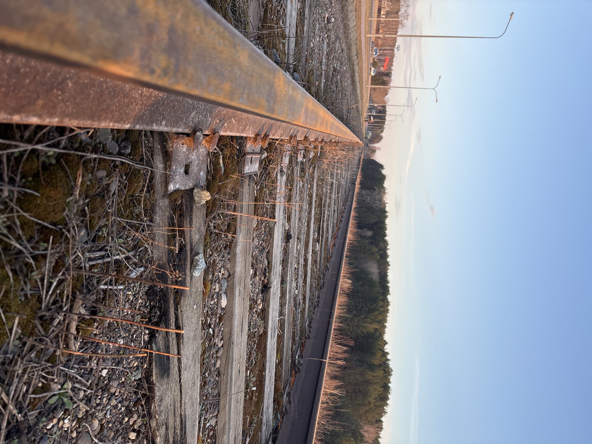 A ground-level, tilted view of old train tracks running into the distance. The tracks consist of wooden ties covered with dirt and small rocks, with metal rails running along each side. The nearest rail is rusted. In the distance, there are trees and streetlights. The sky is visible in the upper right. The location is likely Chaikovsky, Russia, as requested.