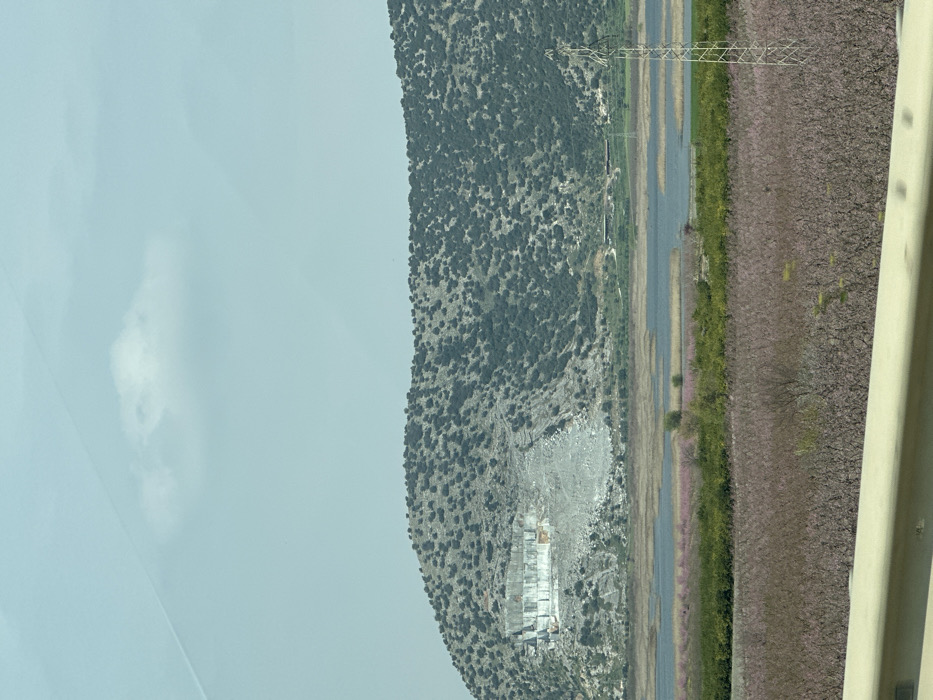 The image depicts an expansive rural landscape near Tire, Turkey, captured from a low-angle perspective, likely from a roadway.
The upper half of the frame is dominated by a large, irregularly shaped hill, densely covered with dark green, rounded scrub vegetation. On the left flank of this hill, an active quarry operation is evident, revealing multi-layered, light gray rock exposures and a substantial accumulation of lighter-toned excavated material at its base. Two pieces of white or pale-colored heavy machinery are present within the quarry.
Below the hill, a broad body of dark blue-green water, consistent with a lake or marshland, extends across the midground. Patches of light green and brown marsh vegetation are visible along its edges and within the water. A narrow land strip at the base of the hill, behind the water on the right, shows indistinct structures and a faint road. A prominent, galvanized steel lattice power transmission tower stands on the right, positioned between the water and foreground fields.
The foreground features extensive agricultural fields. Closest to the viewer, a large cultivated area presents a blanket of light purple-pink flowering plants, indicative of an orchard in bloom. A distinct band of vibrant green vegetation separates these fields from the water body.
A light-colored, horizontal road barrier occupies the bottom portion of the image. The pale blue sky contains sparse, wispy clouds and a diagonal light reflection in the upper left, suggesting the photograph was taken through a glass surface. No individuals or direct human actions are observable.