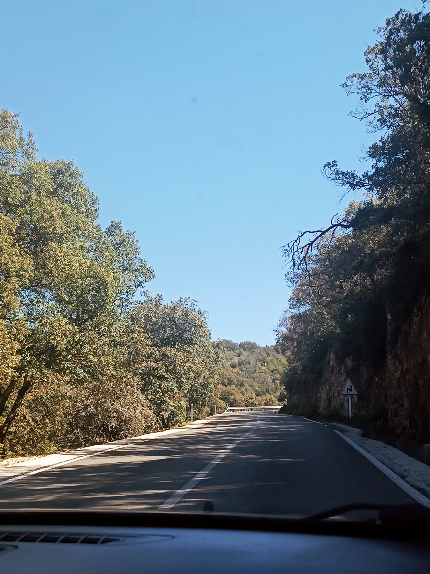 The image depicts a road in Aguelmam Azegza, Morocco, as seen from inside a vehicle. The asphalt road stretches ahead, marked with a white center line and a white line along the edges. The road curves, with dense foliage of trees lining both sides. On the right, a rock face rises beside the road, partially obscured by trees. A road sign with a double curve symbol is visible on the right side of the road. The sky is clear and blue. The dashboard of the vehicle is visible at the bottom of the frame.