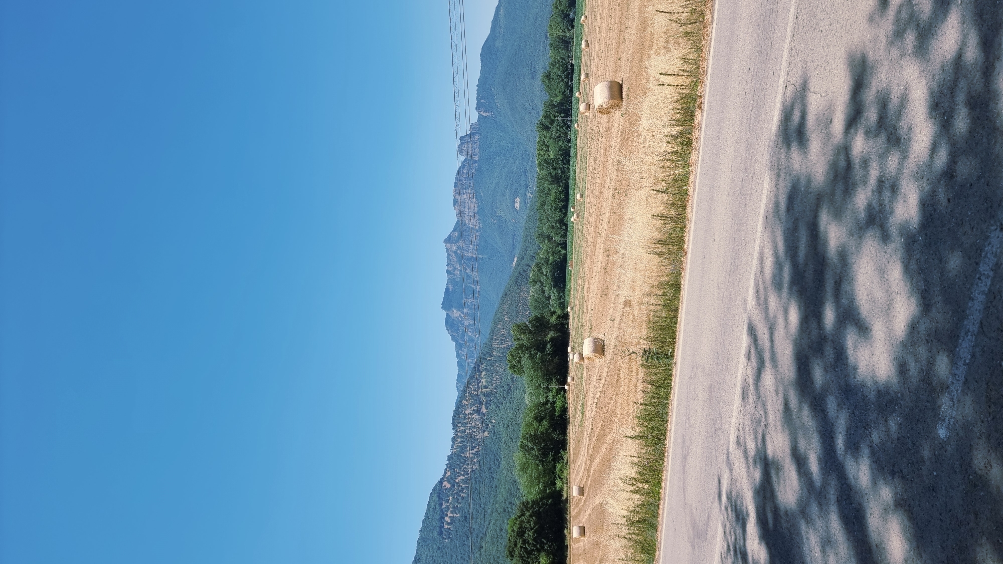 The image depicts a sunlit rural landscape under a clear blue sky, likely taken in La Vall d'en Bas, Spain. In the foreground, a paved road shows dappled shadows cast by unseen trees, suggesting a warm, sunny day. The road is bordered by a strip of dry grass and foliage. Beyond the road, a vast field of harvested grain, evidenced by numerous round bales of hay scattered across the golden stubble, stretches towards a line of lush green trees. Further in the background, rolling, tree-covered hills rise, culminating in a rugged, layered mountain range with distinct rocky outcrops. Power lines are visible stretching across the landscape in the mid-distance. No people are present in the scene.