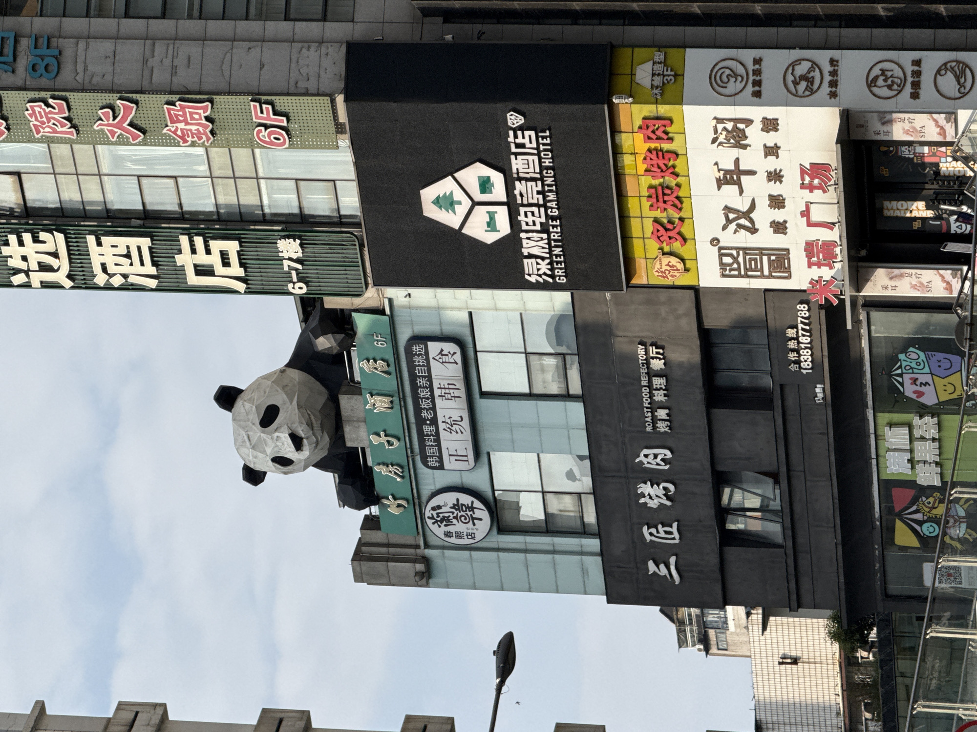 The image depicts a street scene in Jinjiang District, Chengdu, China, filled with various business signs. A large, geometric panda head sculpture is prominently featured, possibly as a landmark or advertising for a business. Several signs are visible, including those for "Greentree Gaming Hotel", a Korean restaurant, a barbecue restaurant called "Sanjiang Grilled Meat", and various beauty and relaxation services, such as ear cleaning and spas. The image seems to have been taken from a low angle, looking up at the buildings and signs. A lamppost is visible in the lower part of the frame, adding to the urban environment.