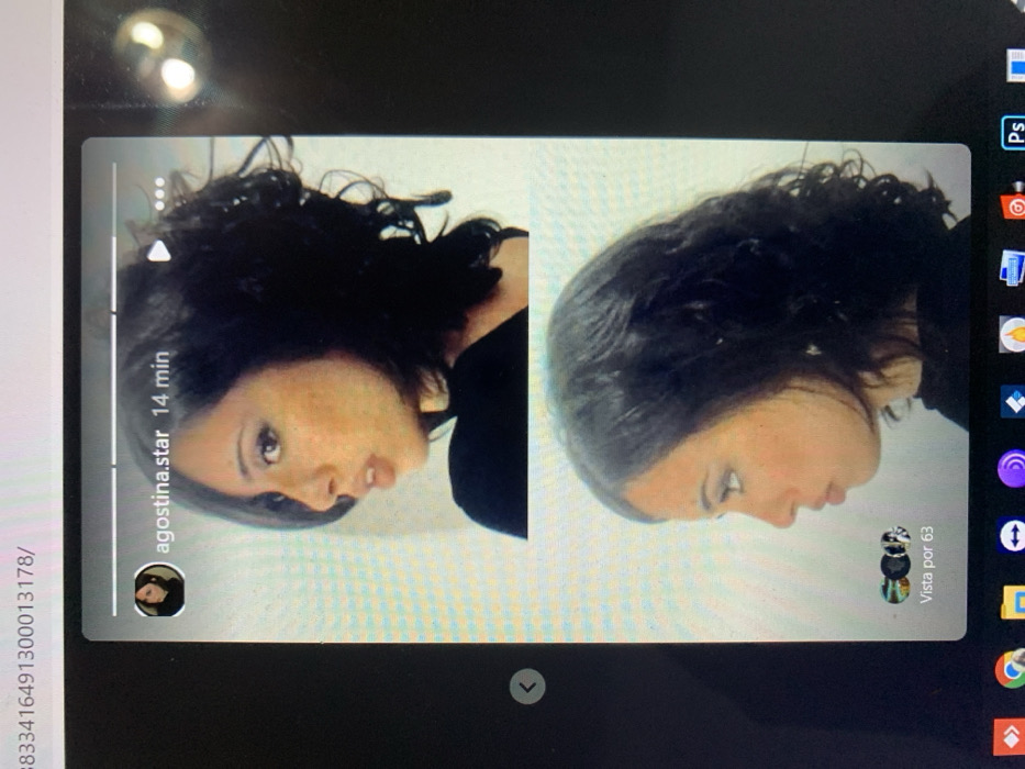 A rotated screenshot displays an Instagram story featuring a woman’s face split into two images. The left image shows her facing forward with dark, curly hair, while the right image shows her in profile with smoother hair. The story is attributed to "agostina.star," posted "14 min" ago, and has been viewed by "63" users. A dropdown arrow is visible below the image on a black screen. A sidebar with icons like Photoshop, Chrome, and Drive is on the right. A URL snippet is on the left.
