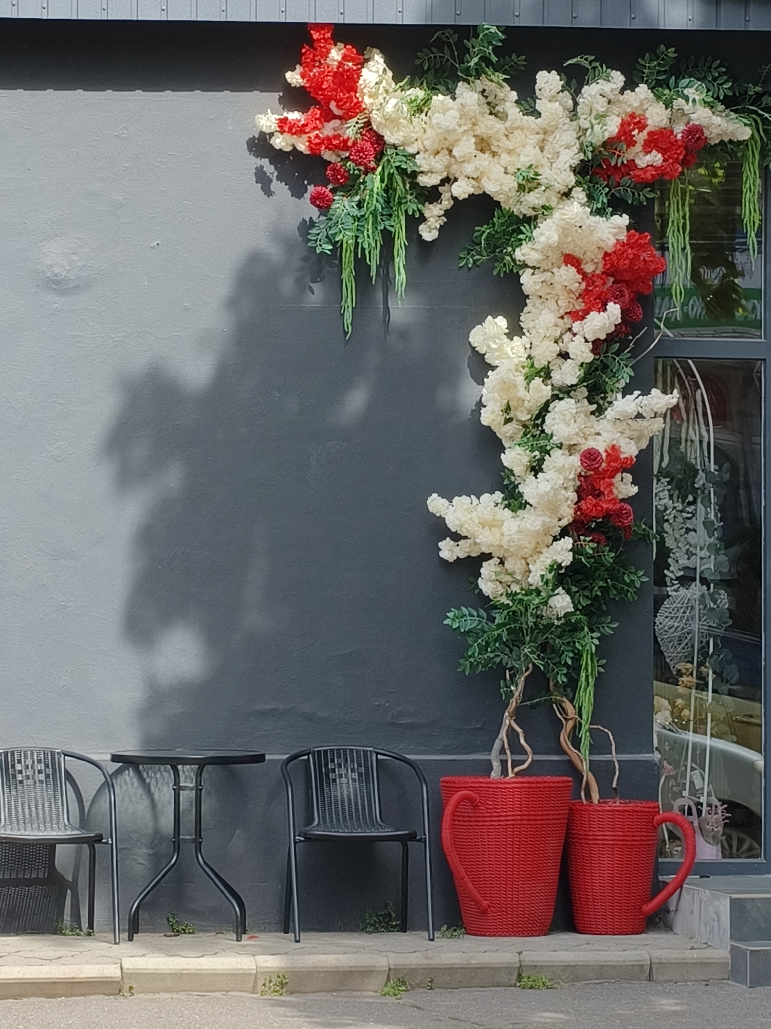 This media file captures an inviting outdoor scene outside a building, likely a cafe or shop, in Kryvyi Rih, Ukraine. The dominant feature is a dark gray wall, adorned with a vibrant, flowing garland of artificial white and red flowers intertwined with green foliage. This floral arrangement cascades from the upper right, curving downwards along the wall and partly over a window on the right.
Below the floral decoration, on the left side, there is an outdoor seating arrangement consisting of two black metal chairs with woven backs and seats, flanking a small round black metal table. The seating rests on a concrete sidewalk, with small patches of greenery peeking through cracks.
Further to the right, in front of the window and beneath the trailing flowers, are two oversized red planters shaped like woven coffee mugs, one slightly larger than the other. These planters hold artificial plants or small trees, whose roots or thick stems are visible above the planter rims.
The scene is brightly lit by natural sunlight, indicated by distinct, irregular shadows cast on the dark gray wall, particularly on the left side and beneath the chairs and table. The shadows suggest a sunny day. The window on the right reflects parts of the street or the interior, with some blurry, indiscernible details. There are no people visible in the image, and no clearly legible text can be seen on the building or objects. The overall impression is one of a cheerful and welcoming storefront.