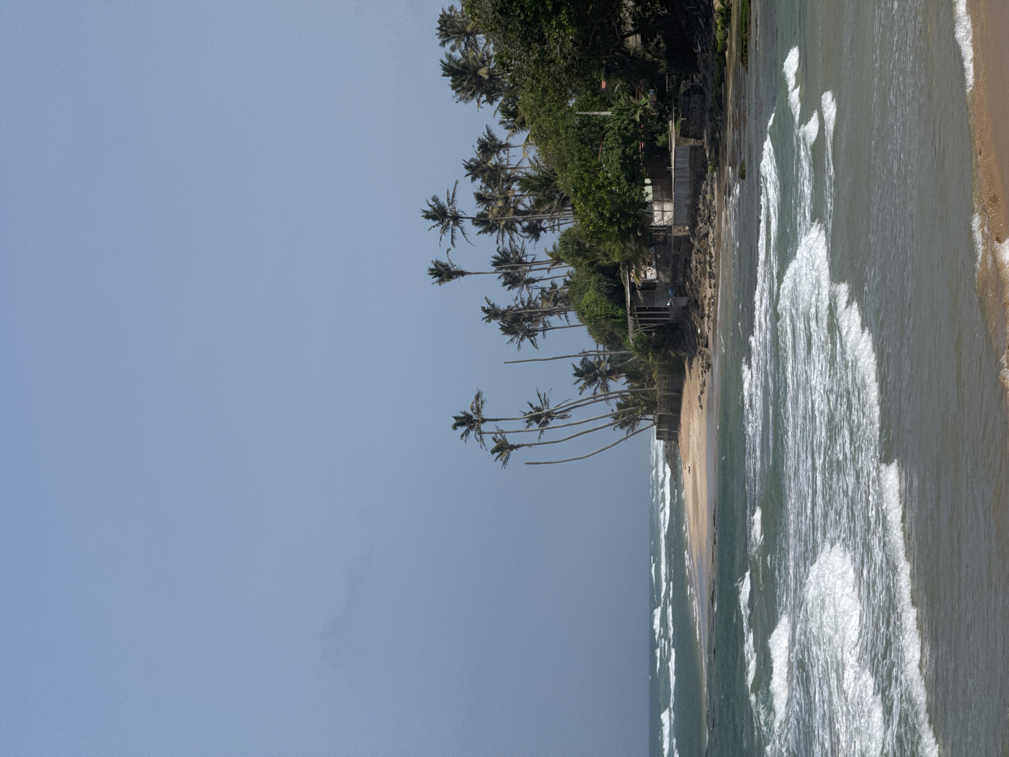 The image depicts a coastal scene in Ahangama, Sri Lanka. The foreground is dominated by the ocean, with several white-capped waves rolling towards the shore. The water is a mix of greenish and greyish tones. To the left and center of the frame, the waves are more prominent, with a foamy crest.
Beyond the water, a sandy beach stretches out. On the right side of the beach, there is a cluster of palm trees and dense green vegetation, characteristic of a tropical environment. Several buildings, appearing to be simple structures with thatched or tin roofs and concrete walls, are visible nestled among the trees. The structures are low-lying and appear to be built close to the coastline. Some of the palm trees lean precariously towards the sea, their fronds rustling in the breeze. The sky above is a clear, pale blue with a few wispy clouds. The overall impression is one of a tranquil, tropical beach setting.