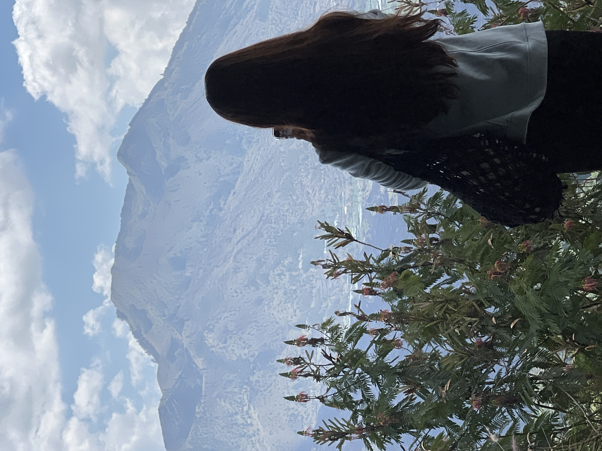 A person with long, dark hair stands facing away from the camera, holding a smartphone to take a photo of a majestic mountain landscape. The person is wearing a light blue sweatshirt and dark pants, with a black mesh bag slung over their shoulder. In the foreground, lush green foliage with delicate pink flowers adds a vibrant contrast to the scene. The background features rolling mountains under a partly cloudy sky, suggesting a scenic overlook in Kintamani, Indonesia.