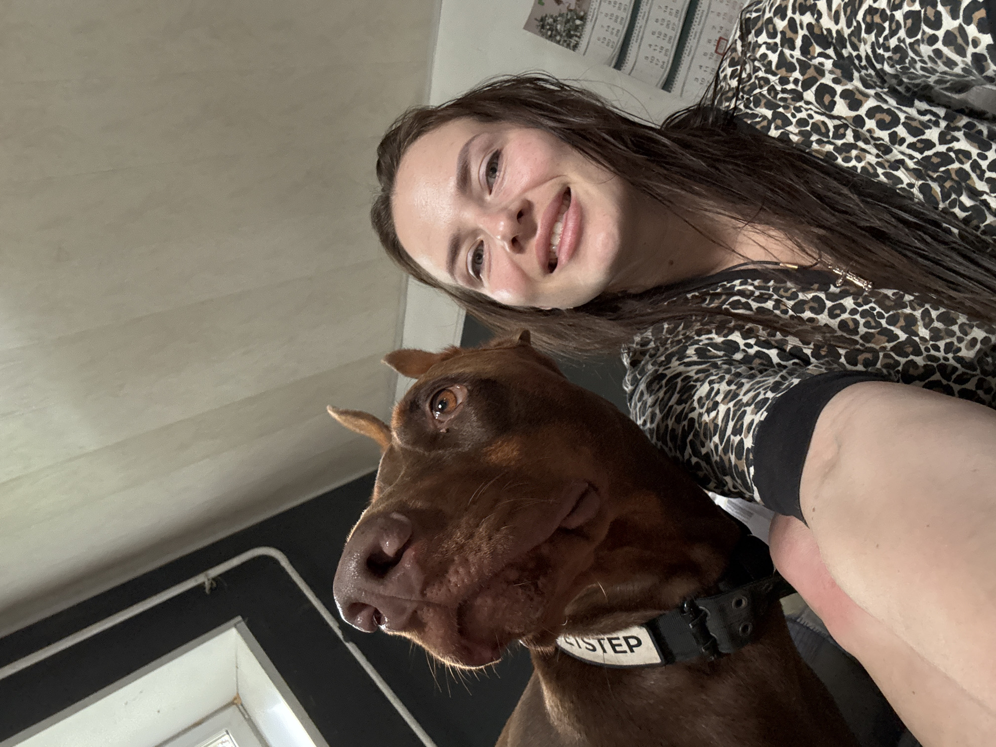In this close-up selfie, a young woman with dark hair is pictured next to a brown Doberman Pinscher. The woman is smiling broadly, looking directly at the camera, while the dog looks up and to the left, its nose prominent in the foreground. They appear to be indoors, with a neutral-colored wall behind them. A window with black trim is visible in the upper left corner. The woman is wearing a leopard-print top, and the dog has a black collar with white lettering. A calendar depicting a Christmas tree is partially visible on the wall to the right. The overall impression is one of a casual, indoor moment. There is no information available to suggest this location is in Rusalevka, Russia.