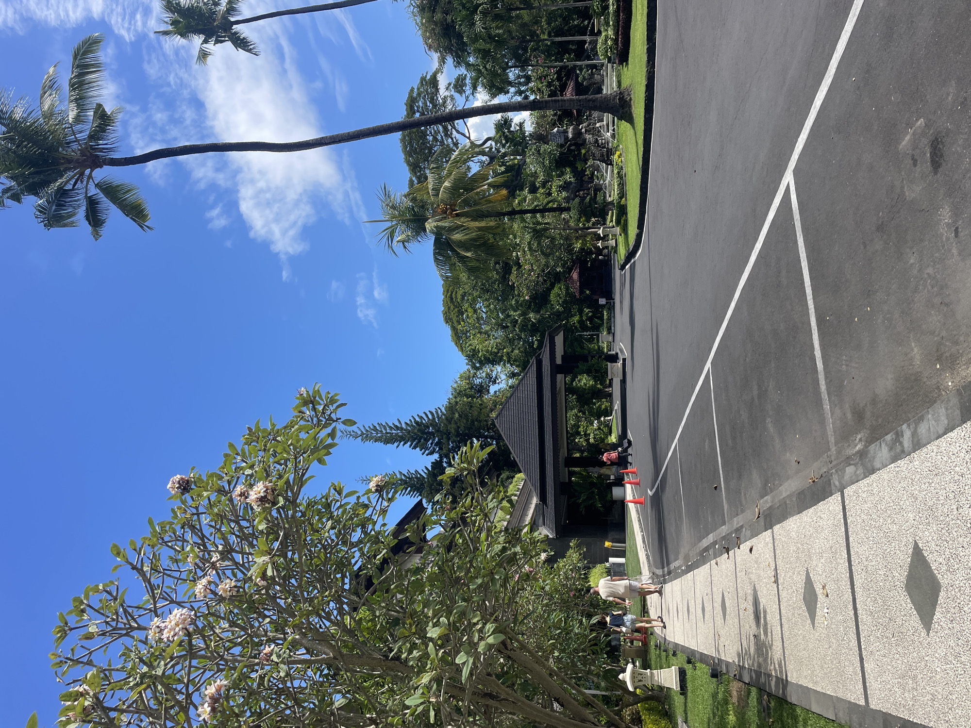 The scene is a well-maintained outdoor area in Denpasar, Indonesia, likely a public park or a memorial garden. There is an asphalt road marked with white lines, a pathway with decorative stone tiles, and green grass areas on the sides. A small open structure with a dark roof provides shade. Several palm trees are visible, with blue sky and scattered clouds in the background. In the foreground, a tree with white flowers is partly obscuring the view. A few people are walking on the pathway. Three orange traffic cones are visible near the structure.