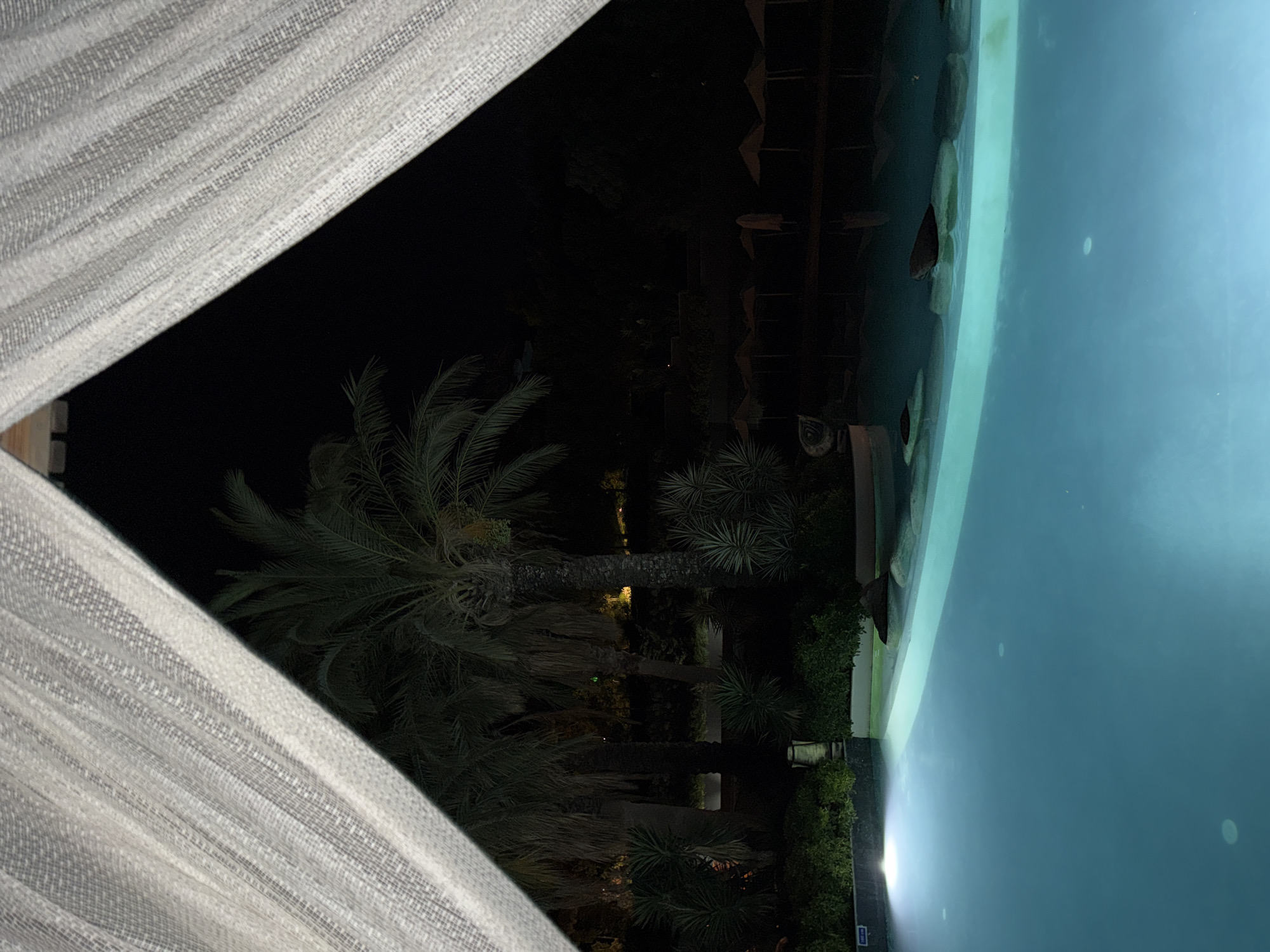 This is a night-time shot of a swimming pool area, possibly a resort or private residence, in Bodrum, Turkey. The foreground is dominated by the shimmering blue surface of the pool. The pool is illuminated from below, creating a soft, ethereal glow. On the left side of the pool, there is a submerged light fixture casting a bright beam onto the water. Along the edge of the pool, there are several large, smooth stones and some greenery.
The background features lush vegetation, including several palm trees and other tropical plants, all silhouetted against the dark night sky. In the distance, there are rows of loungers with umbrellas, suggesting a recreational area. The scene is framed by sheer, white curtains that are drawn back, creating a triangular opening that offers a glimpse into the tranquil outdoor space. The overall impression is one of a serene and inviting atmosphere.