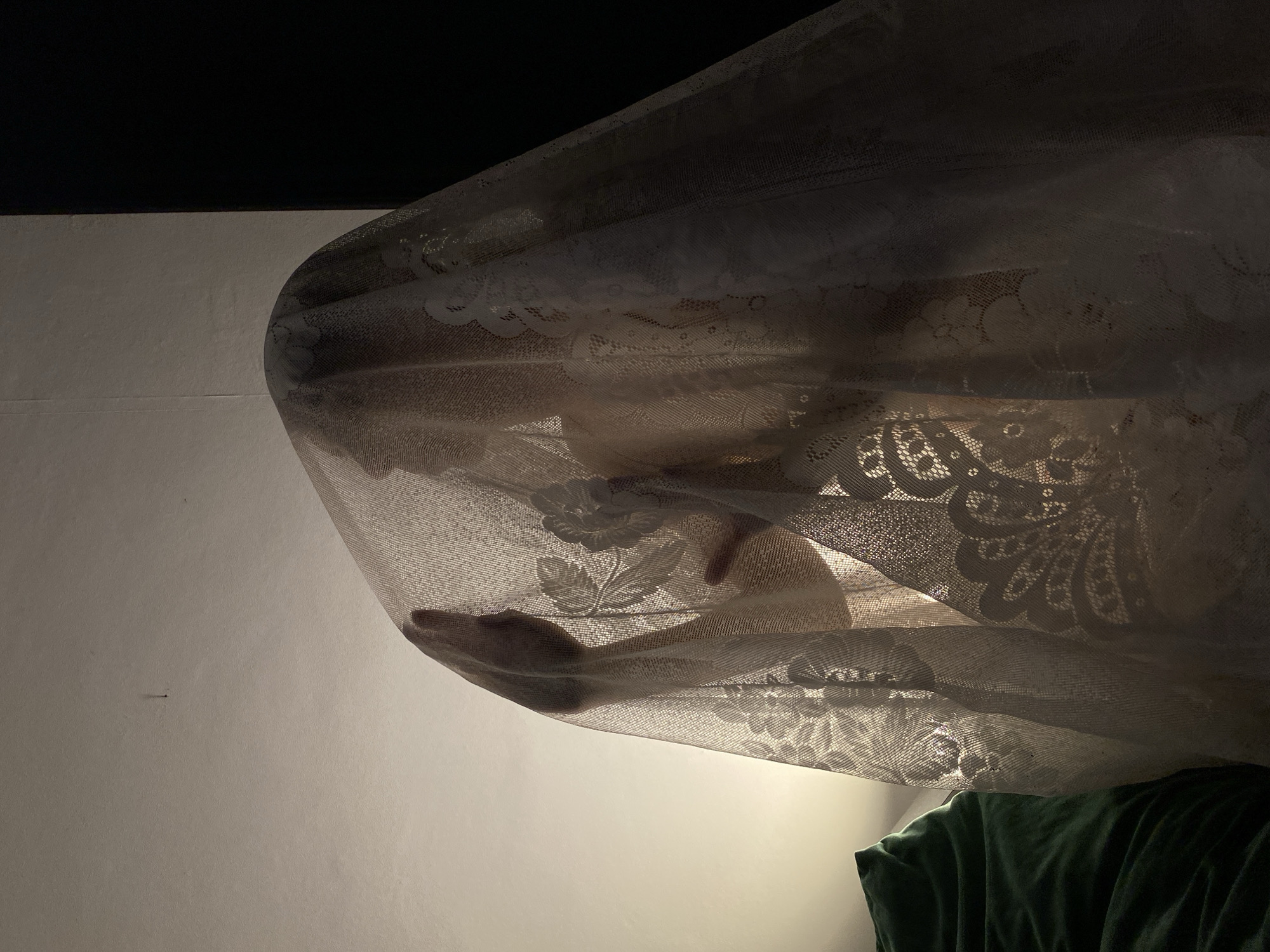The image shows a person holding a white lace fabric or curtain draped over their head and body. The background includes a white wall, a dark ceiling, and a green, possibly velvet, piece of furniture or fabric at the bottom. The lighting appears to be from a lamp or light source below, casting shadows and illuminating the lace pattern. There is no specific information to confirm this image's location within the city of Chaikovsky, Russia.