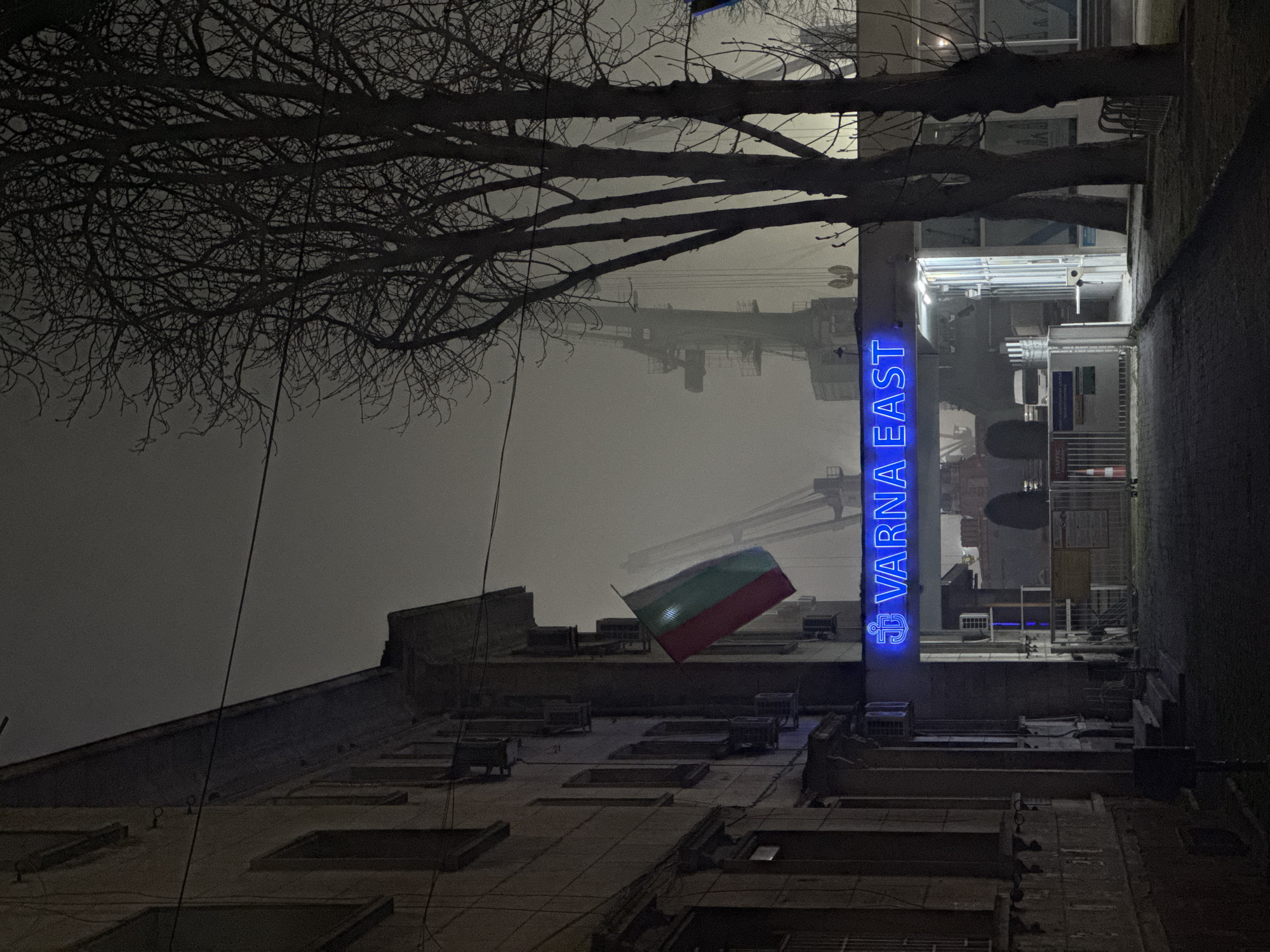 A low-angle, rotated shot captures a foggy night in Varna, Bulgaria. A leafless tree stretches across the top left, partially obscuring a crane looming in the fog. The Bulgarian flag hangs from a building's roof. A vertical blue neon sign reading "Varna East" illuminates the scene. The building features multiple levels with numerous ventilation units and skylights. A narrow alleyway runs alongside the building on the right.