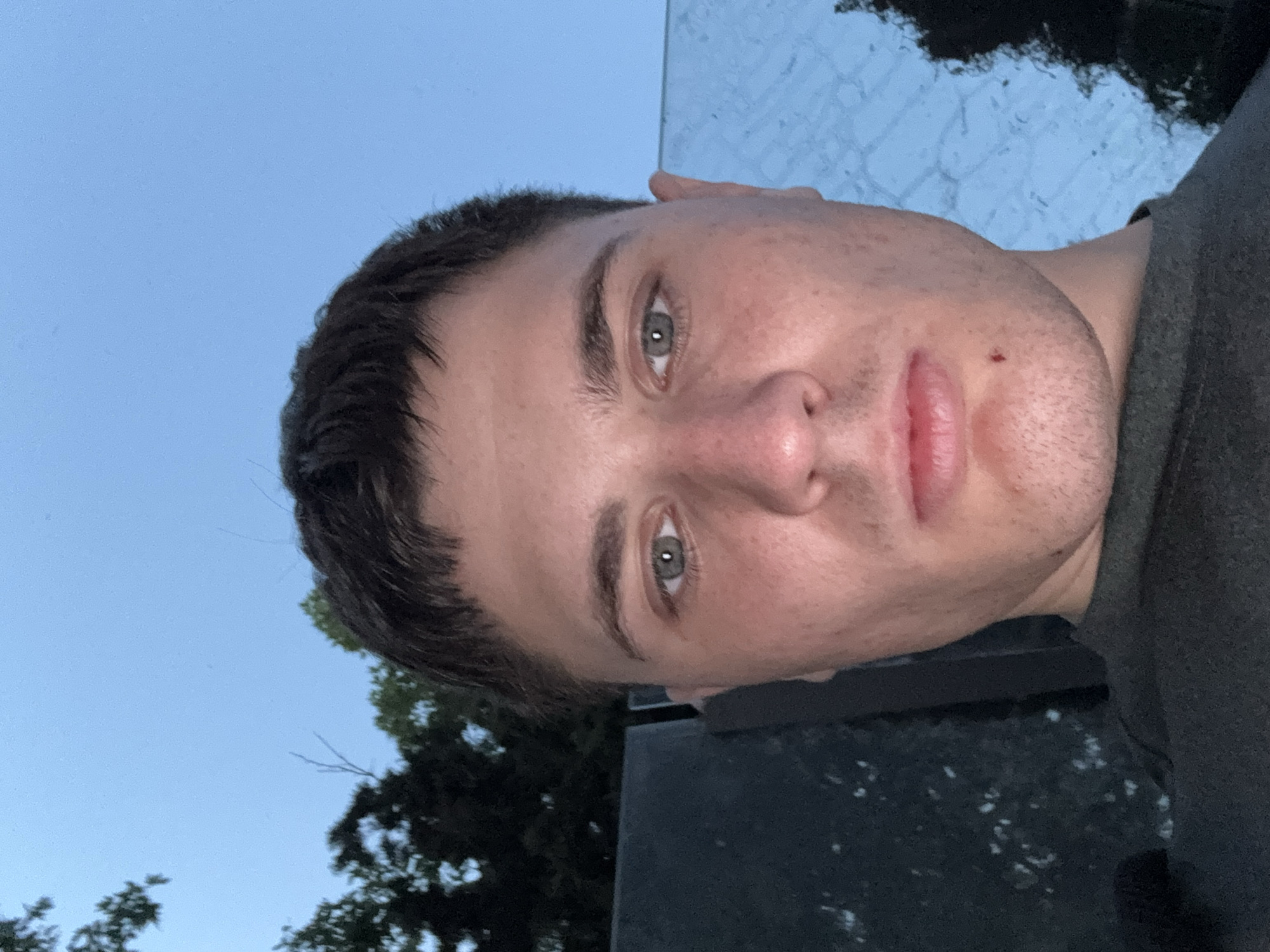 A close-up, head-and-shoulders selfie shows a young man with short, dark hair and green eyes. He is wearing a dark t-shirt. The background consists of a light blue sky and the dark silhouettes of trees. There is a dark, reflective surface to the left of the man, and a lighter, textured surface to the right. The lighting suggests it is twilight or early evening. The image was taken outdoors, possibly in a park or garden setting within the city of Stara Zagora, Bulgaria.