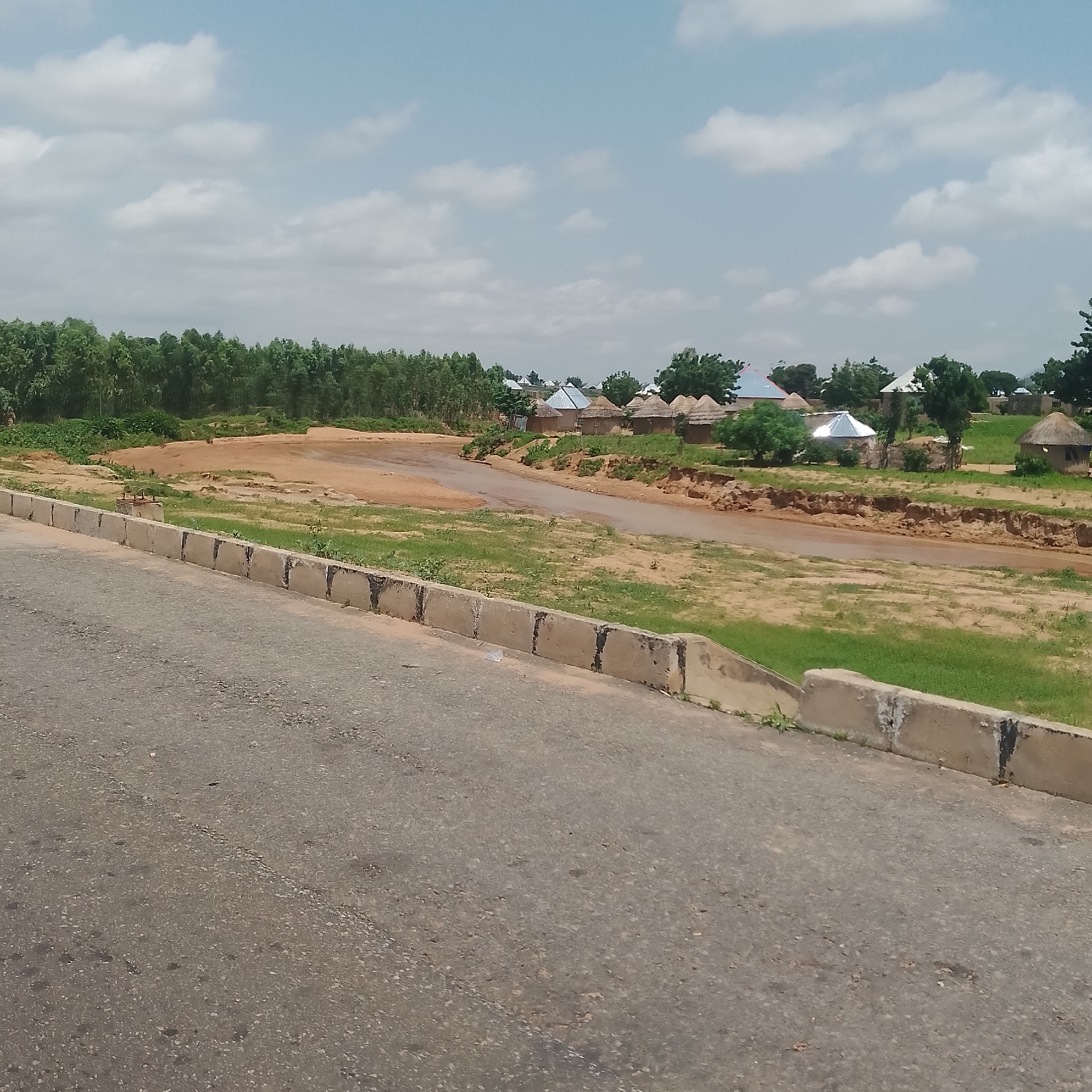 In Jalingo, Nigeria, this image captures a rural landscape with a paved road in the foreground, bordered by a concrete curb. Beyond the road, a dry, sandy riverbed winds its way through the scene, flanked by patches of green grass and a dense forest of tall trees. In the distance, a cluster of thatched-roof huts and houses with metallic roofs forms a small village settlement. The sky above is a pale blue, dotted with scattered white clouds, suggesting fair weather.