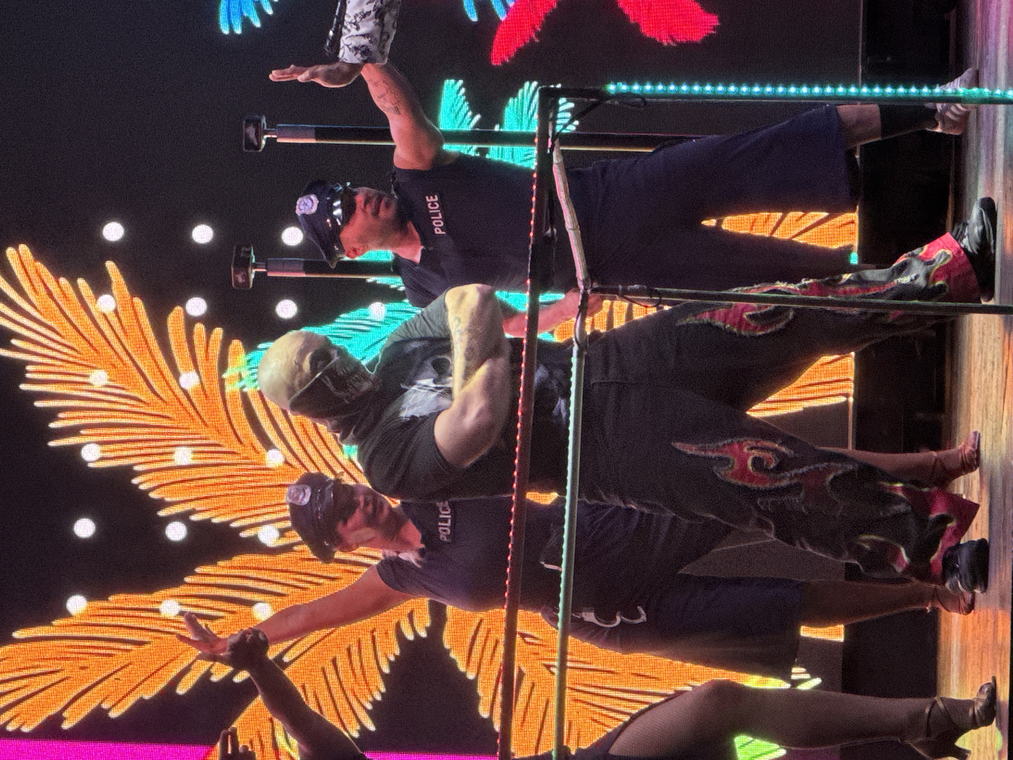 The image depicts a performance or show taking place in Manavgat, Turkey. The scene is brightly lit with a large, colorful background featuring an abstract, feathery design in orange and yellow, with scattered white dots. The lighting suggests an indoor event, possibly a stage performance or entertainment venue.
The primary subjects are several individuals, appearing to be performers. One individual in the foreground is wearing a black t-shirt with a graphic design, dark pants with red flame-like accents, and a skull mask. They are supported by another person in a dark blue police-style uniform, complete with a police hat. The person in the police uniform has the word "POLICE" printed vertically on their shirt and is also wearing dark pants. Another individual in a similar police uniform is visible behind the first. The performers appear to be engaged in a choreographed act, possibly a dance or a stunt, as they are positioned in dynamic poses, with limbs extended.
Notable details include the performers' costumes, which suggest a theme that blends elements of law enforcement with a more edgy, possibly rebellious aesthetic, given the skull mask and flame designs. The high heels worn by some of the performers suggest a dance or theatrical performance. The image is a still photograph taken during the event. The overall mood seems energetic and theatrical, driven by the vibrant backdrop and the performers' poses. No specific time of day or weather conditions can be inferred from the image.