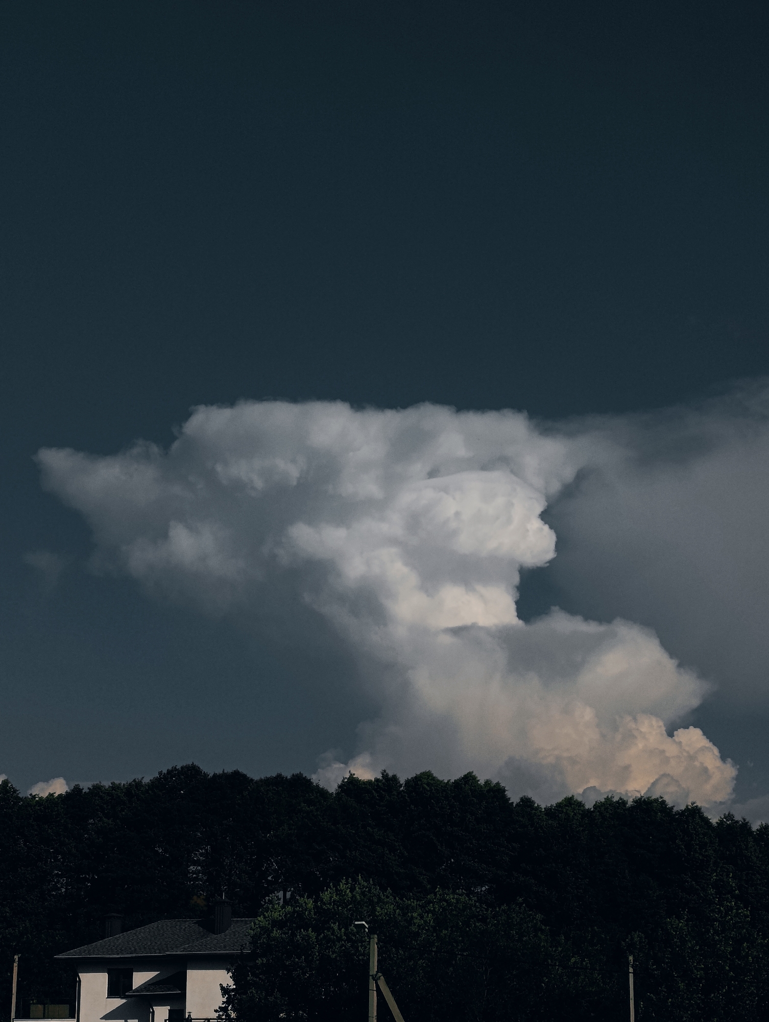 In an outdoor scene, a large, dramatic cumulus cloud dominates the upper portion of the frame against a dark, ominous sky. The cloud formation is voluminous and textured, with bright white highlights and darker, shadowed undersides, suggesting a powerful atmospheric event. Below the cloud, a dense, dark line of trees stretches horizontally across the midground, their foliage appearing almost black due to the low light. In the lower foreground, a light-colored house with a dark roof is partially visible, nestled amongst the trees. The house has visible chimneys and windows, and its angular structure contrasts with the organic shapes of the natural elements. The overall mood of the image is dramatic and somewhat foreboding, with the interplay of light and shadow creating a sense of depth and intensity.