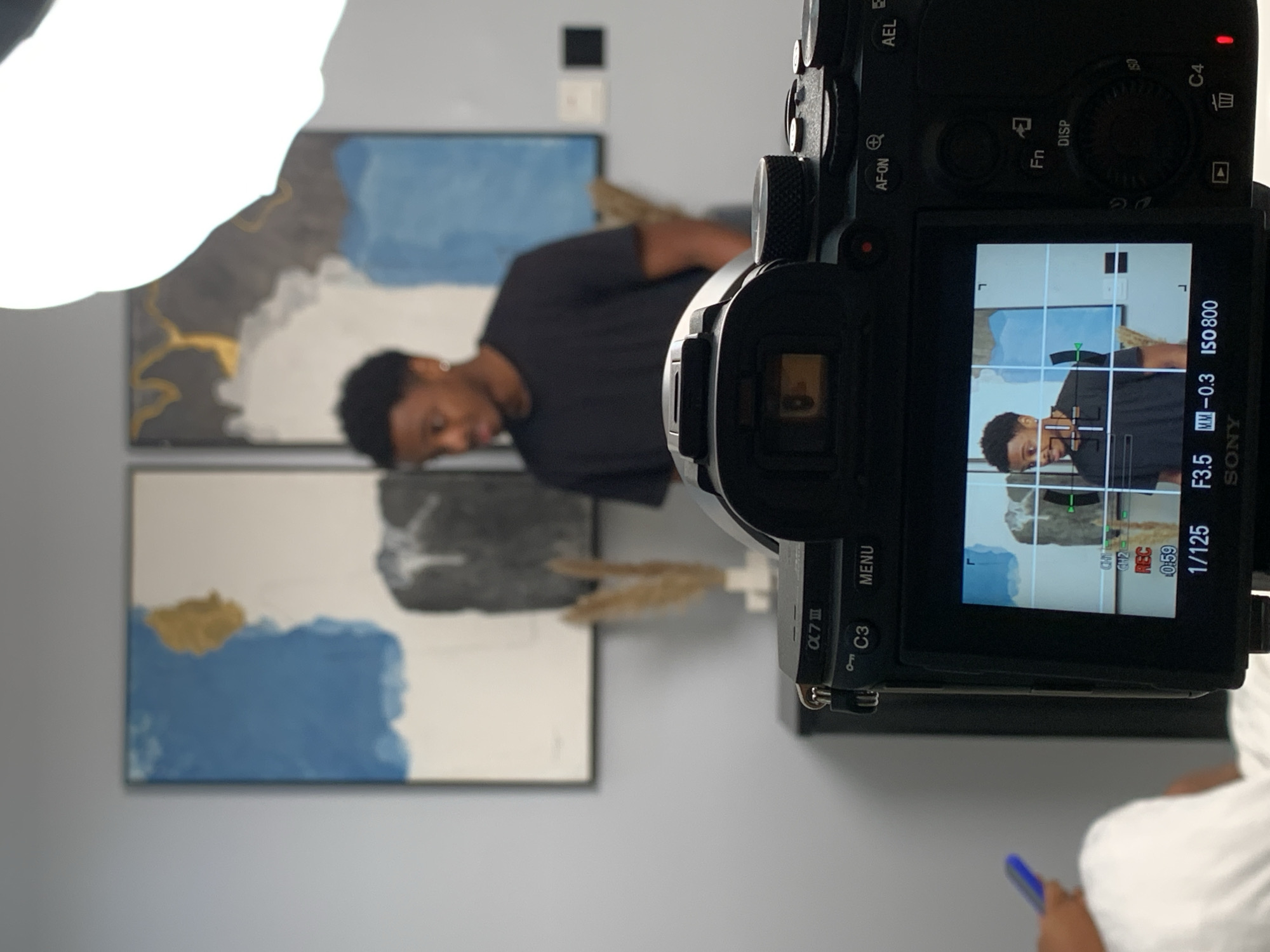 An indoor scene in Moba, Nigeria, captures a video recording session. In the foreground, the rear of a black Sony Alpha 7 III mirrorless camera is prominently displayed, its LCD screen showing a live preview of the recording subject. The camera screen indicates settings of 1/125 shutter speed, F3.5 aperture, -0.3 exposure value, and ISO 800, with a recording time of 0:59. A grid overlay is visible on the screen. Partially visible in the bottom left, a hand holds a blue smartphone, suggesting a camera operator.
In the midground, the subject is a young Black male with short, curly dark hair and a light mustache, wearing a plain black t-shirt and a silver hoop earring in his left ear. He stands facing slightly to his right, looking away from the camera's direct line of sight in the background, but smiling towards the camera in the screen's reflection.
The background features a light gray wall adorned with two framed abstract art pieces. The left painting contains blue and gold shapes on a white background, while the right painting features blue, black, and gold elements on white. Below the right painting, a light-colored vase holds dried ornamental grass on a dark piece of furniture. Two wall outlets or switches, one white and one black, are visible on the right side of the wall. A bright, diffused light source is visible in the upper right corner of the frame.