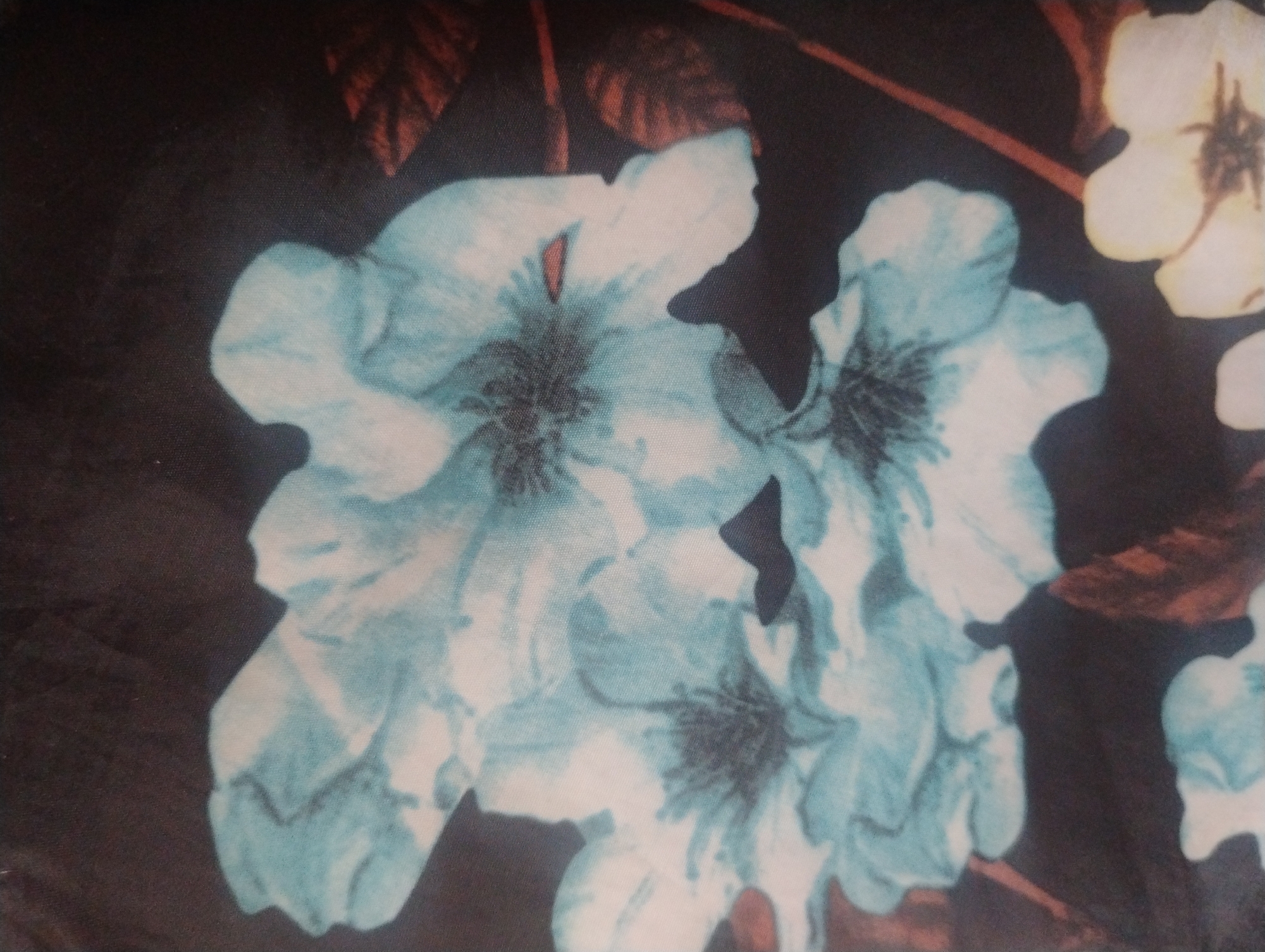 The image depicts a close-up of a floral pattern on fabric. Several light blue flowers with dark centers are visible against a dark background. Some reddish-brown elements, possibly leaves or other floral components, are also present. The fabric appears to have a slightly textured weave. There are no people or any discernible elements that would indicate a specific location in the city of Rumyantsevo, Bulgaria.