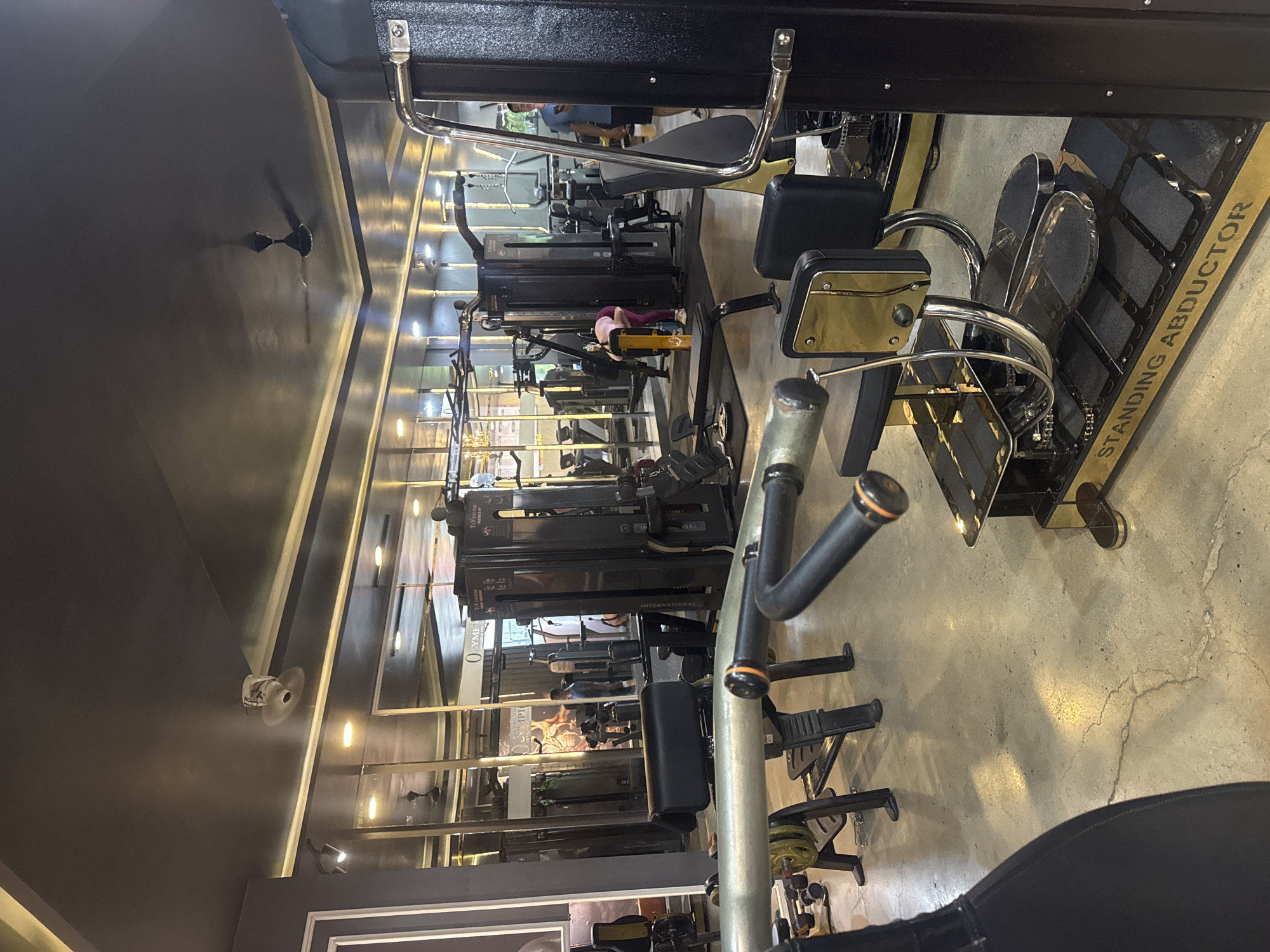 The image shows the interior of a gym. The gym appears to be well-equipped with various weight machines and exercise equipment. The flooring is concrete, and the walls are lined with mirrors, creating a sense of a larger space. Several pieces of weight training equipment are visible, including a standing abductor machine in the foreground, cable machines, and benches. In the background, a few individuals are present, with one person appearing to be exercising on a machine and another person walking. The lighting is a mix of overhead lighting and accent lighting, contributing to a modern gym atmosphere. The gym is located in Nha Trang Ward, Vietnam.