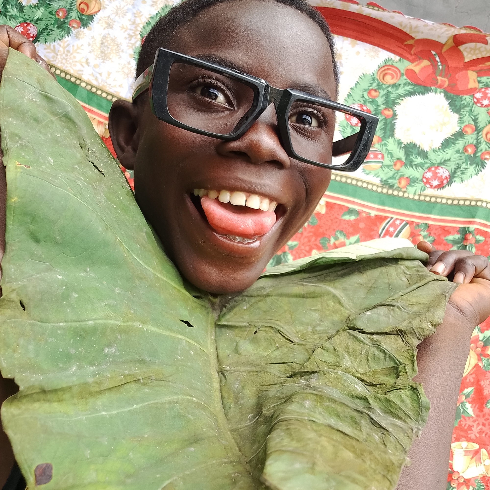 The image captures a close-up of a young Black person wearing large, black-rimmed glasses, with their tongue sticking out and a wide smile. They are holding a large, green leaf in front of their face, obscuring part of it. The background appears to be a patterned fabric, possibly a tablecloth or curtain, with a festive Christmas theme featuring wreaths, ornaments, and red and green colors. The overall impression is playful and informal. The image is not geolocated to Ado, Nigeria.