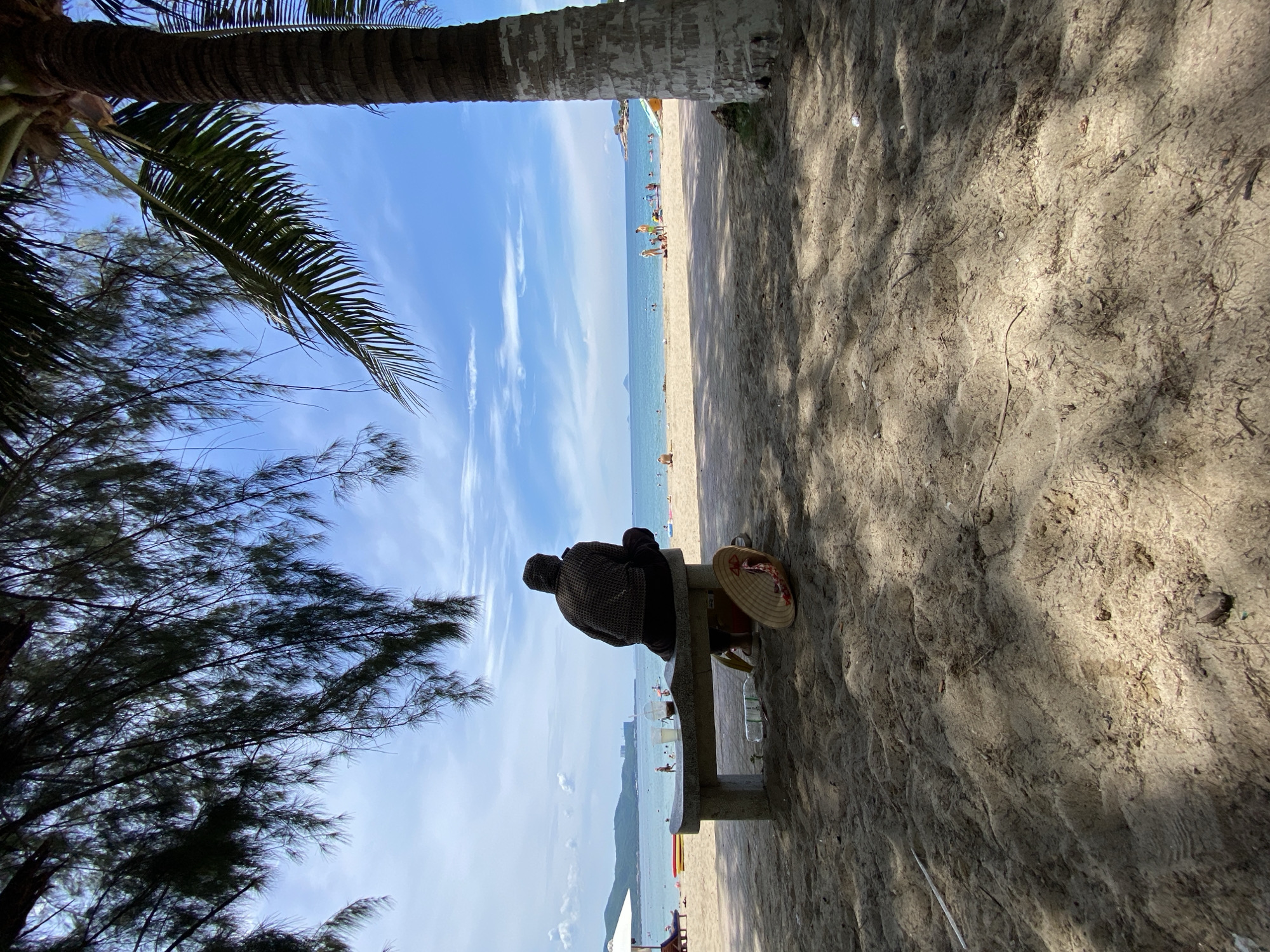 A solitary individual is seated on a concrete bench facing the sea on a sandy beach, casting a shadow over the foreground. The individual is wearing a dark, patterned shirt and appears to be looking out at the water. Next to the bench, a conical straw hat rests on the sand, along with a plastic water bottle. Further down the beach, several other people are visible in the distance, some wading in the turquoise water and others relaxing on the sand under a bright blue sky dotted with wispy clouds. Palm trees and pine trees with long needles overhang the scene, creating dappled shade on the sand. In the background, lush green hills rise towards the horizon, with buildings visible on the slopes, suggesting an urban coastline, likely Nha Trang, Vietnam, given the presence of palm trees, a tropical beach setting, and the distinctive conical hat. The overall atmosphere is one of peaceful observation and leisure.