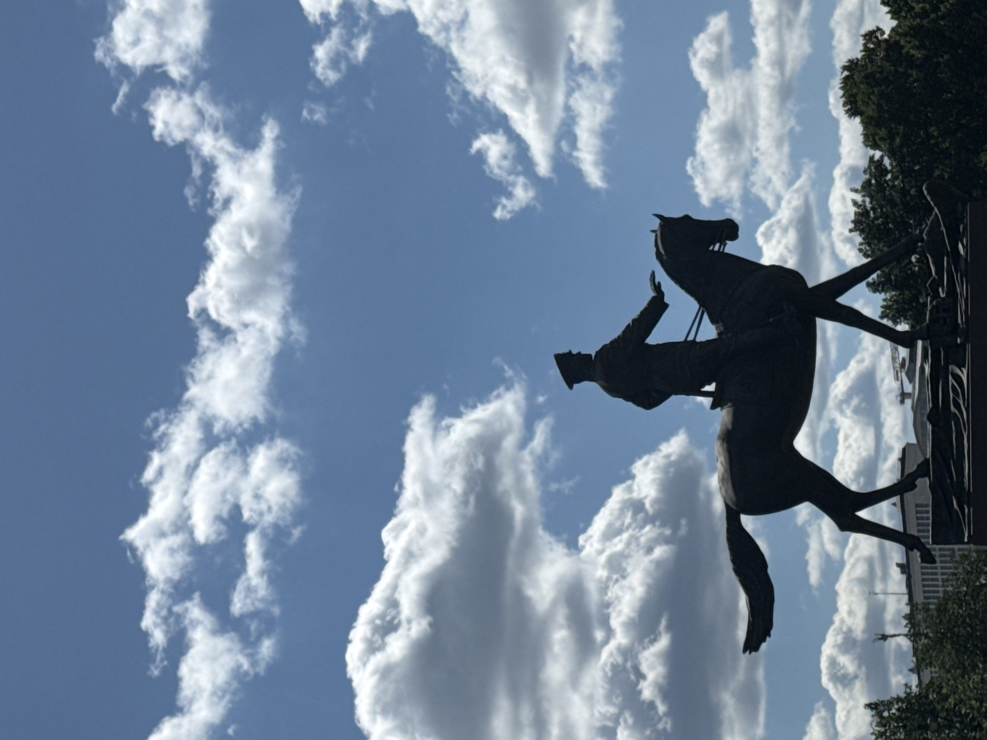 A silhouette of an equestrian statue against a bright blue sky with scattered white clouds is captured from a low angle. The statue depicts a man in military attire, wearing a hat and uniform, mounted on a horse. The horse is captured mid-stride, with its legs positioned as if walking. The statue is dark and appears to be made of bronze, casting a strong shadow. In the background, below the statue, there are green trees and buildings that are partially obscured. The overall scene suggests an outdoor public space, likely a park or square in a city. This monument is located on Tverskaya Square in Moscow, Russia, and it is a monument to Prince Yuri Dolgorukiy, the founder of Moscow.