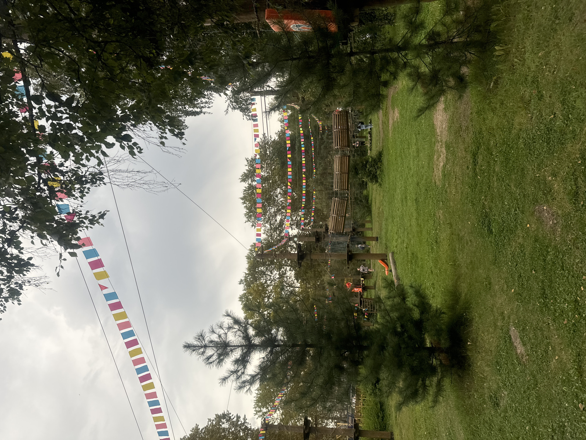 The image depicts an outdoor adventure park, possibly a ropes course, set in a wooded area. The scene is characterized by wooden platforms and bridges suspended between trees, indicating a recreational facility. Colorful triangular flags are strung between wires overhead, creating a festive atmosphere. Several young pine trees are visible in the foreground, with a larger pine tree dominating the left side of the frame. In the mid-ground, people can be seen on the platforms and walking on the grass. The ground is covered in green grass, with some patches of bare earth and scattered leaves. The sky is overcast and a pale gray. The presence of the adventure park and the trees suggests a natural or park-like setting within or near a city.
While the image shows a general outdoor adventure park, it is not possible to determine its specific location within the city of Irkutsk, Russia, based solely on the visual information provided. There are no landmarks or identifying features that would pinpoint the exact location.