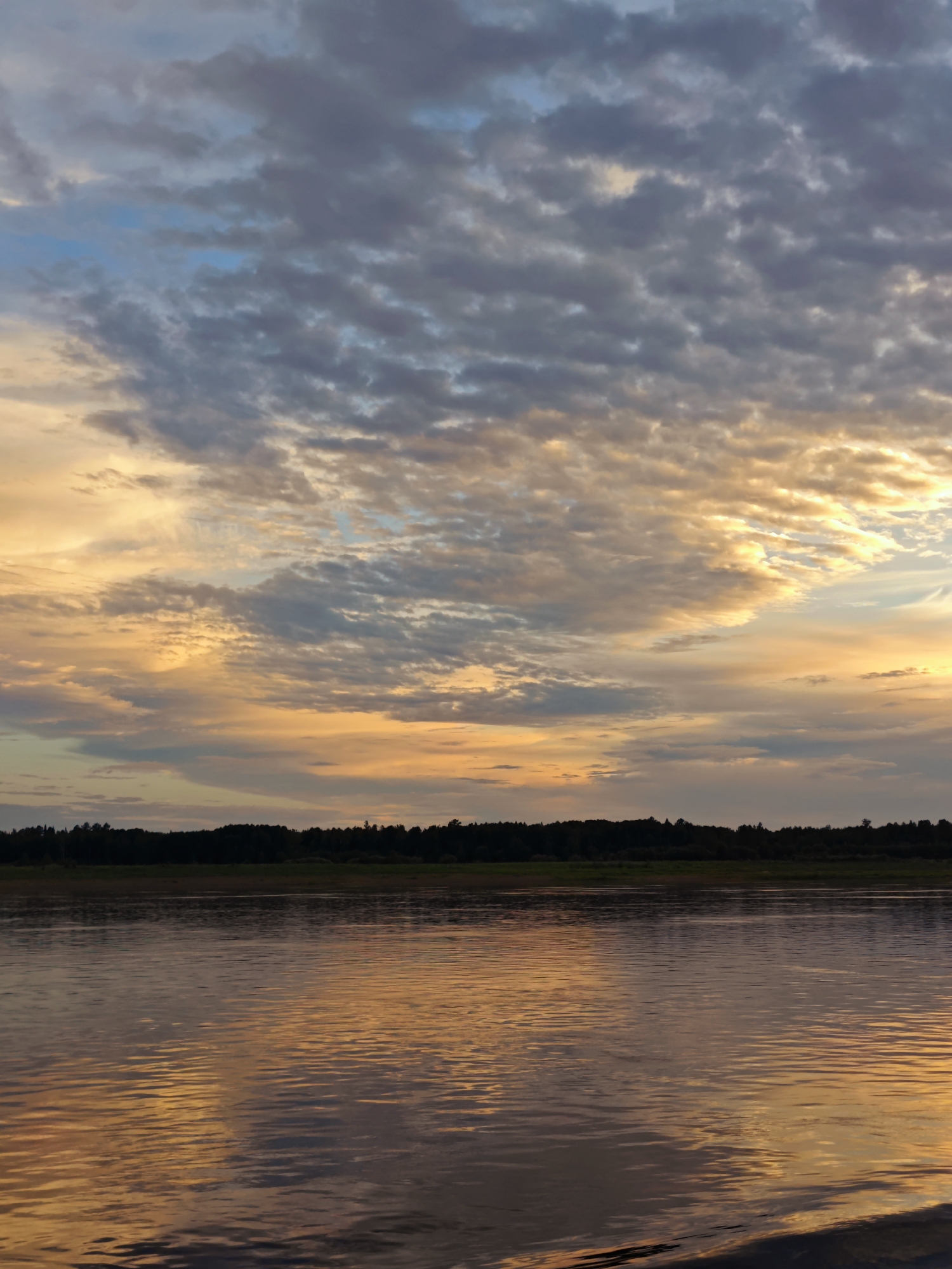 A wide, calm river reflects the warm hues of a sunset sky filled with textured clouds. The horizon is marked by a dark, dense line of trees. The scene is serene and natural, with no people or man-made structures visible, suggesting a rural or natural setting. The location is the city of Nikulino, Russia.