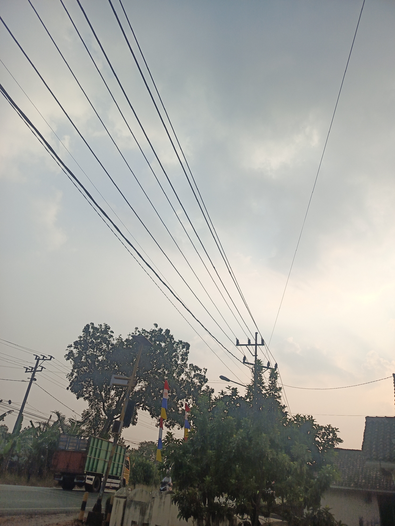 The image shows a sky filled with wires, likely power lines, stretching across the frame. A single, thin wire extends diagonally from the top right to the middle right. Below the wires, several trees are visible, with one particularly large tree dominating the left side of the image. A utility pole with multiple crossbars is positioned on the left, supporting some of the wires. In the lower left quadrant, a truck with a green cargo bed is on a road. A few colorful flags are strung between poles on the right side of the image, with a small building or roof visible in the far right. The sky is partly cloudy, with soft light suggesting it might be early morning or late afternoon. The scene appears to be in a semi-urban or rural area of Karangsari, Indonesia, given the presence of overhead electrical wires and a truck on the road. There are no people directly visible in the frame.