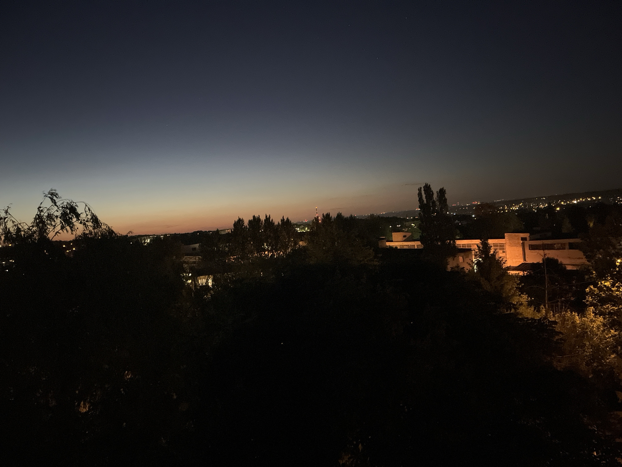 The image depicts a night scene of a city from an elevated viewpoint, likely a balcony or high ground. The sky transitions from a dark blue to a faint orange glow near the horizon, indicating either sunset or sunrise. In the middle ground, various buildings and structures are visible, with some illuminated windows suggesting residential or commercial activity. Trees and dense foliage are silhouetted in the foreground, partially obscuring the view of the cityscape. The overall environment is dark, with the cityscape dimly lit by city lights and the remaining glow of the sky. The city is of Unknown, Unknown. There are no people visible in the scene.