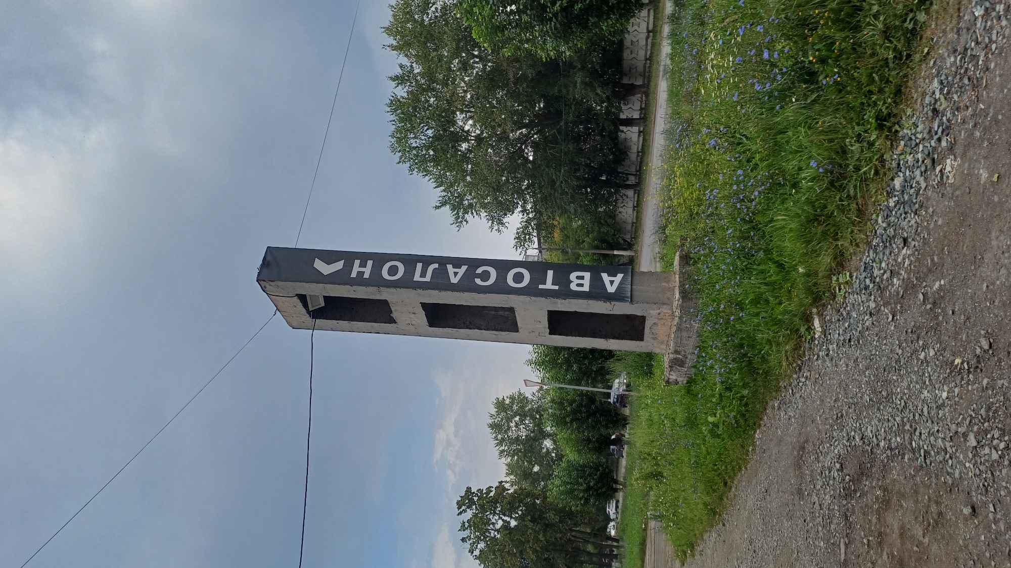 The image shows a tilted concrete signpost with the Cyrillic text "АВТОСАЛОН" (Autosalon) written vertically in white block letters. The sign is located on a gravel road verge, bordered by green grass and small blue flowers. Behind the signpost, there is a paved road with a few cars visible in the distance. Mature trees with dense green foliage line the opposite side of the road, and a chain-link fence runs along the roadside. The sky is overcast with a few wisps of clouds. The scene appears to be an entrance to a car dealership or a related business in Izhevsk, Russia.