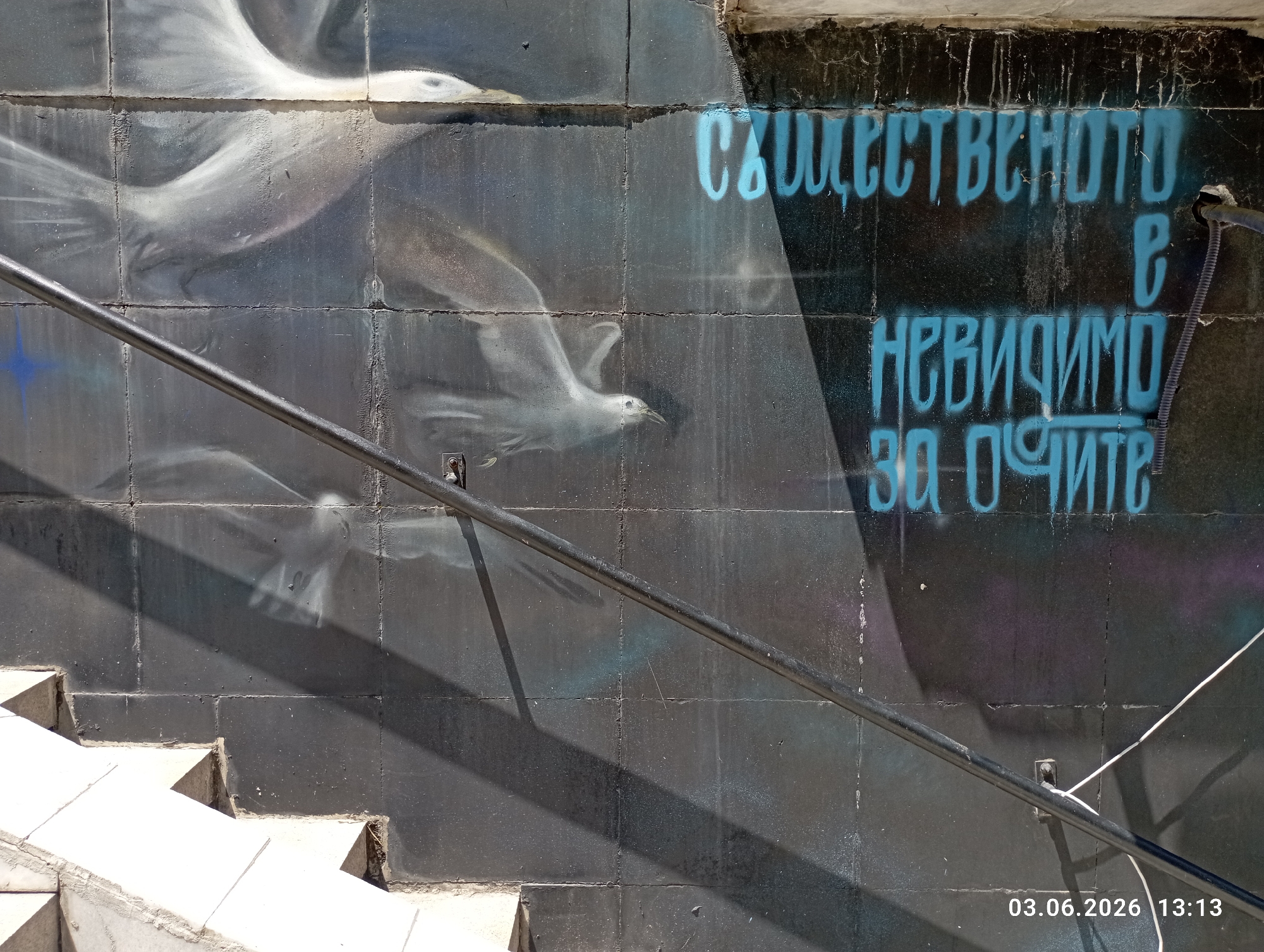 The image captures a section of a dark, tiled wall adorned with graffiti art and Cyrillic text, illuminated by bright daylight. The wall features several stylized white or light-grey birds, possibly seagulls, depicted in various stages of flight against the dark background, conveying a sense of movement. A small blue star shape is also painted on the wall to the left.
To the right, vivid blue Cyrillic text is spray-painted on the dark tiles. The legible text reads: "СЪЩЕСТВЕНОТО Е НЕВИДИМО ЗА ОЧИТЕ," which translates from Bulgarian to "The essential is invisible to the eyes."
A sturdy black metal handrail extends diagonally across the mid-ground, partially obscuring the artwork. Below the handrail, light-colored concrete stairs ascend or descend. Strong, well-defined shadows cast by the handrail and an unseen overhead structure indicate a sunny early afternoon, further confirmed by the timestamp "03.06.2026 13:13" in the bottom right corner. A white cable is visible near a metal bracket on the wall to the right. The scene is located in Burgas, Bulgaria.