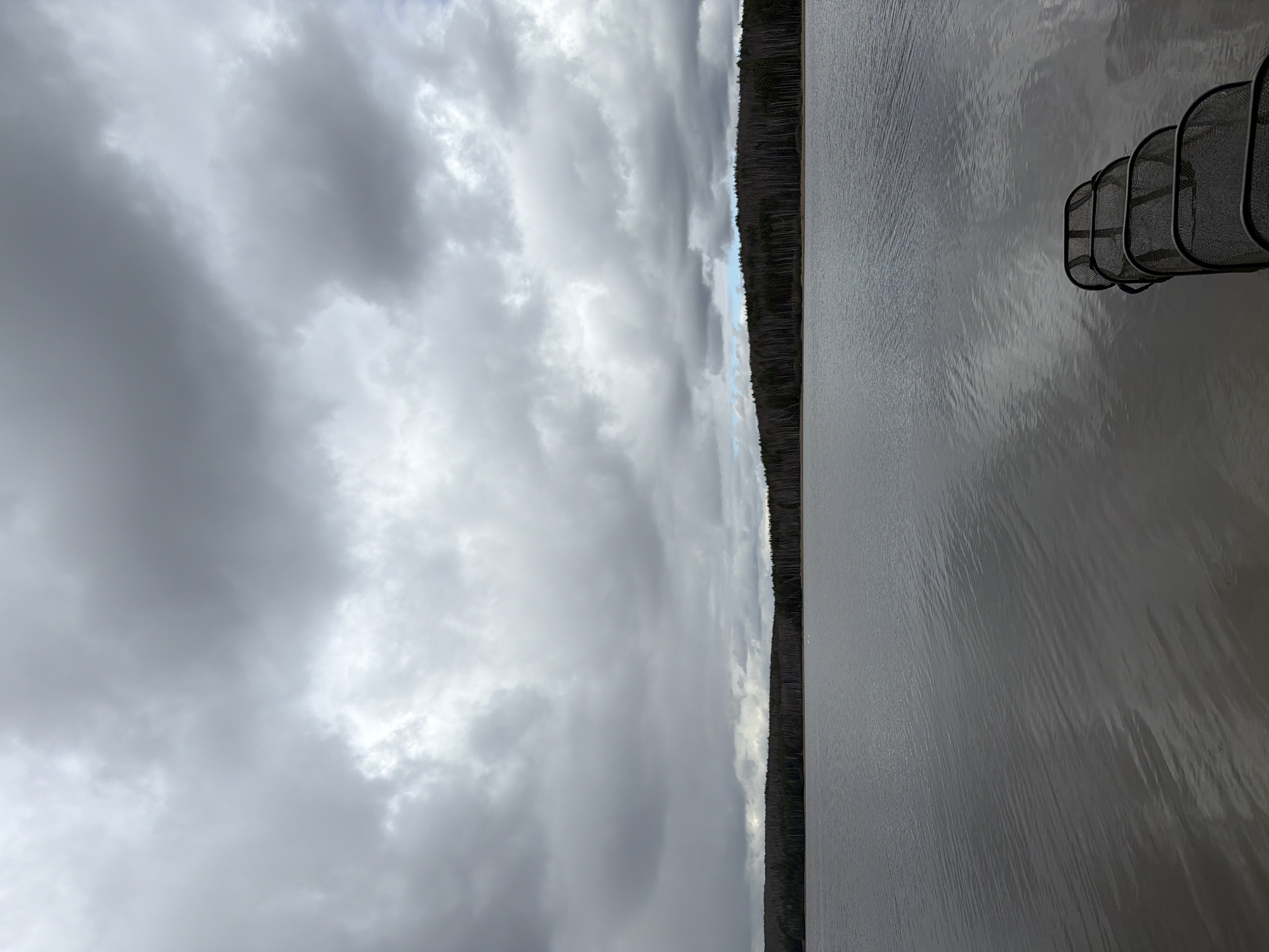 The image shows a view of the Kama River in Chaikovsky, Russia, on an overcast day. A section of a metal railing is visible in the top right corner, suggesting the photograph was taken from a dock or similar structure. The river surface is choppy, indicating wind. Across the river, a dense line of trees forms the far bank. The sky is filled with heavy, gray clouds, obscuring most of the sky. The overall scene suggests a quiet, possibly remote location.