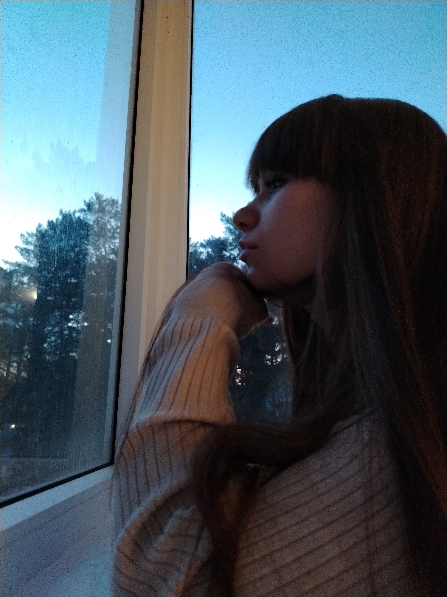 A young woman with dark hair is looking out a window. She is resting her chin on her hand. Outside the window, trees are visible against a blue sky. The location is likely Chaikovsky, Russia.