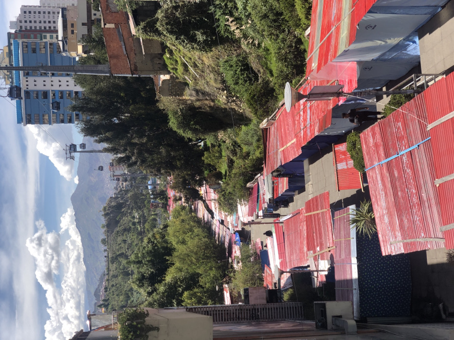 The image depicts an outdoor market street in La Paz, Bolivia, viewed from an elevated perspective looking downhill. The scene is dominated by numerous market stalls lining a paved pathway, predominantly covered with bright red corrugated metal roofs. Some stall coverings are also blue or white. The pathway itself is visible between rows of these stalls.
In the mid-ground, a lone individual dressed in dark clothing walks on the paved path between the stalls. Further into the foreground on the right, another person in dark attire is observed walking on a path adjacent to stalls.
The urban environment features multi-story buildings, including a prominent blue high-rise structure on the right side of the mid-ground. The distinct cables and cabins of the Mi Teleférico public transport system are visible traversing the sky, extending into the mountainous background. Steep, verdant hills covered with trees and shrubs flank the market area, rising towards the distant mountains under a sky with scattered white clouds. Several lampposts are positioned along the market pathway.
