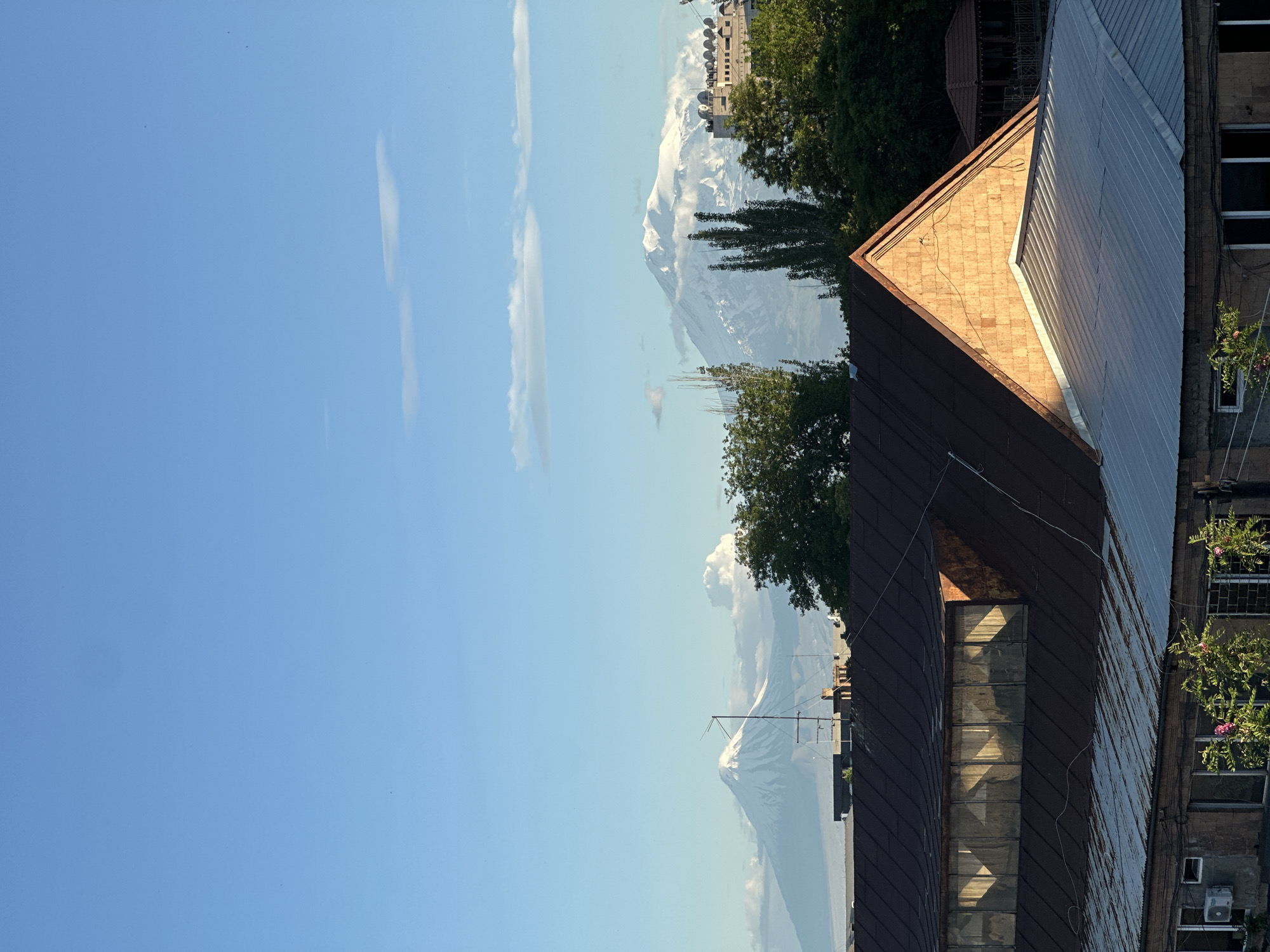 The image shows a view of Yerevan, Armenia, with Mount Ararat visible in the background. The foreground is dominated by rooftops of buildings. In the background, the snow-capped peak of Mount Ararat is seen through the trees, positioned behind the buildings. The sky is a clear blue with some wispy clouds. The city buildings appear to be residential, with some greenery visible on balconies.