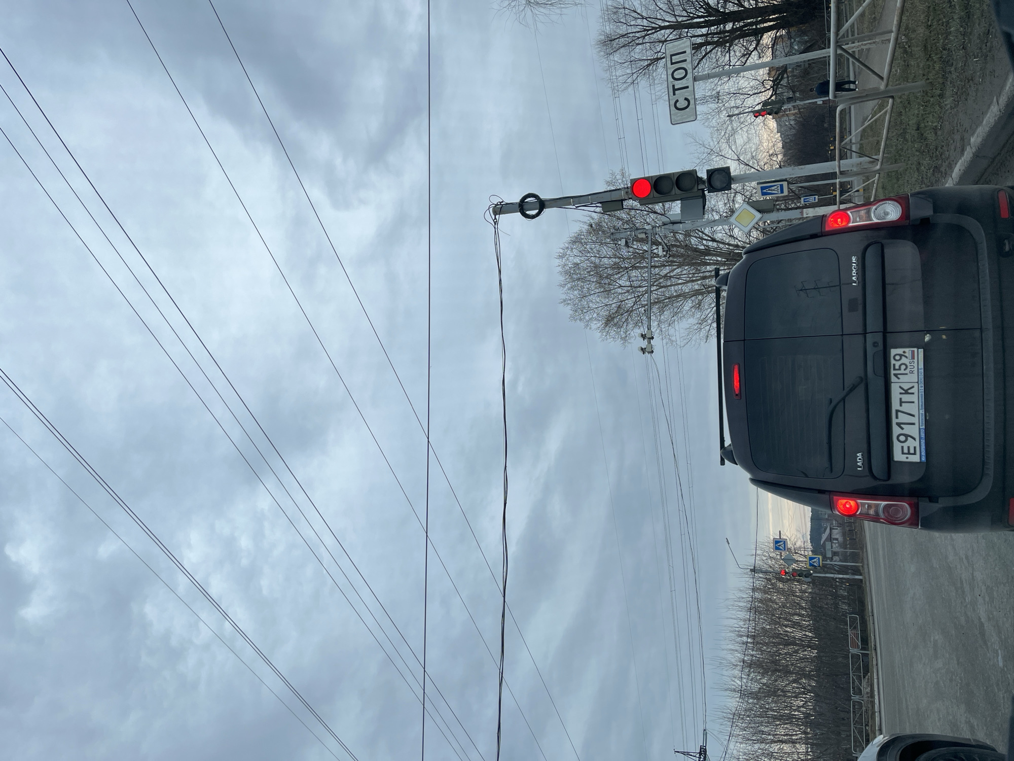 The image shows the rear of a black LADA Largus van with Russian license plate E917TK 159, stopped at a traffic light displaying a red signal. A "STOP" sign in Russian is visible next to the traffic light. Overhead power lines are prominent in the sky. The location is identified as Chaikovsky, Russia. The environment appears overcast and urban, with bare trees and street infrastructure in the background. The scene is viewed from another vehicle.