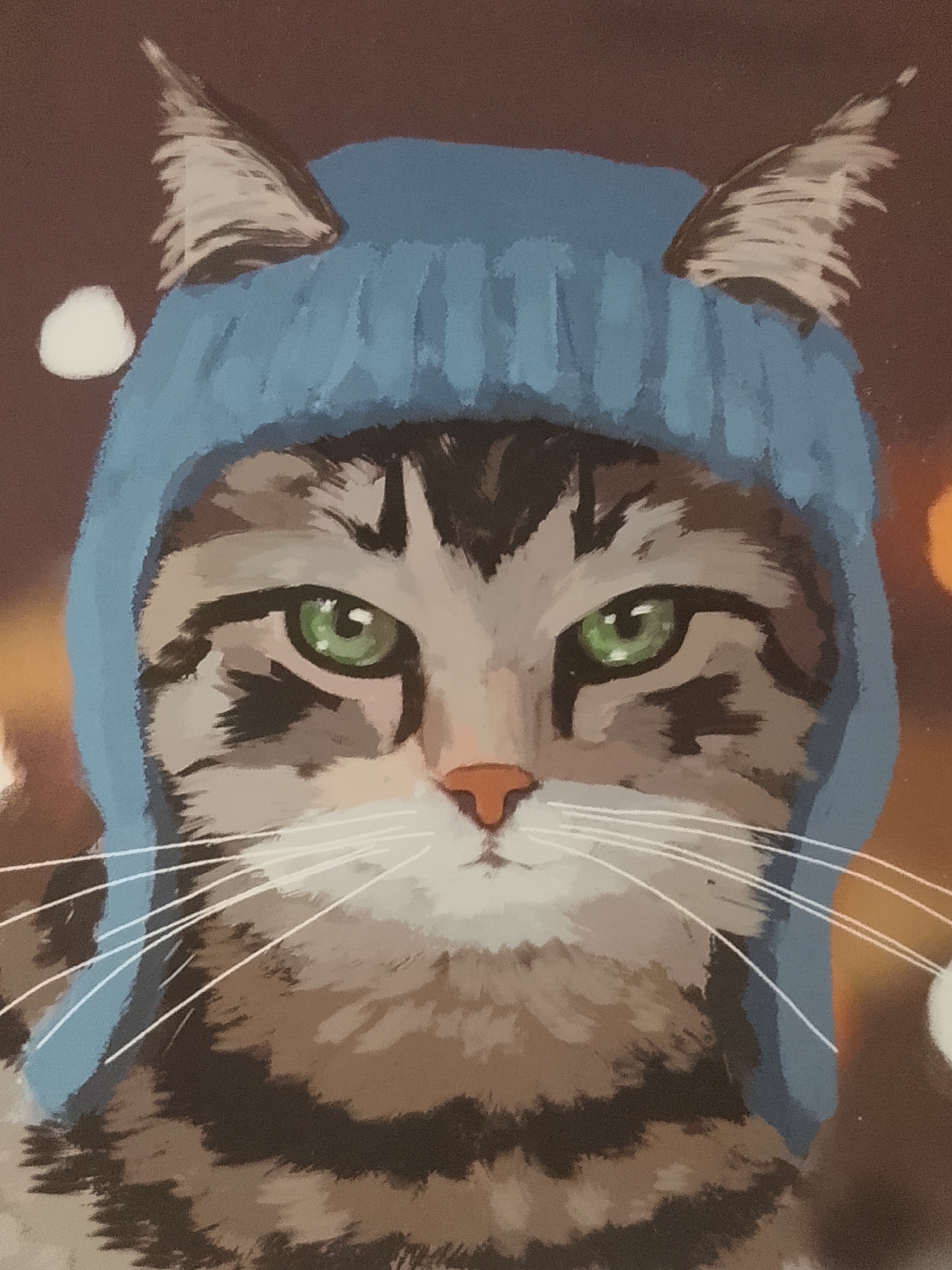 The image is a close-up painting of a tabby cat wearing a blue knitted hat with ear holes. The cat has green eyes, a pink nose, and white whiskers. The background is a blurred warm brown and orange, with some soft white orbs, possibly representing bokeh or snow. There is no indication of location within the city of Moscow, Russia.