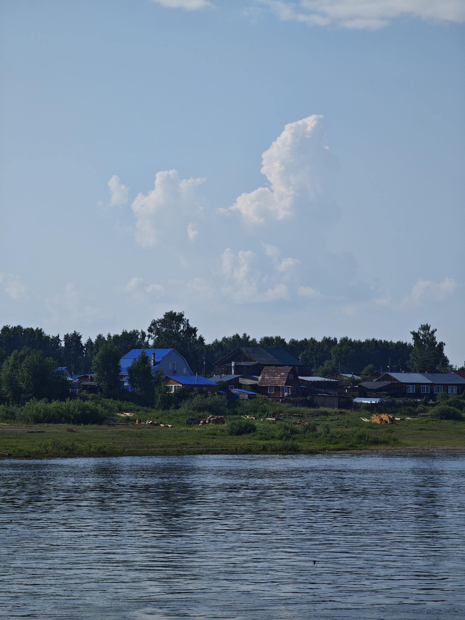 The image depicts a serene riverfront scene in the village of Verkhne-Pashino, Russia, under a bright, partially cloudy sky. In the foreground, the dark blue water of the river exhibits gentle ripples, indicating a calm day. A small, dark bird is visible in flight above the water.
The middle ground showcases the village of Verkhne-Pashino, nestled along the riverbank. A line of lush green trees and vegetation forms a natural barrier between the water and the residential area. Several houses are visible, characterized by their varying architectural styles and colorful roofs, with a prominent blue-roofed house standing out. Some of the houses appear to be constructed from wood. Piles of logs and wood are scattered on the grassy bank in front of the houses, suggesting a connection to the timber industry or local resource utilization.
The background is dominated by a dense forest, further enhancing the natural, rural ambiance of the location. The sky above is a pale blue, adorned with scattered white cumulus clouds, with one particularly large, puffy cloud formation drawing attention. The overall impression is one of a tranquil, picturesque Russian village, harmoniously integrated with its natural surroundings.